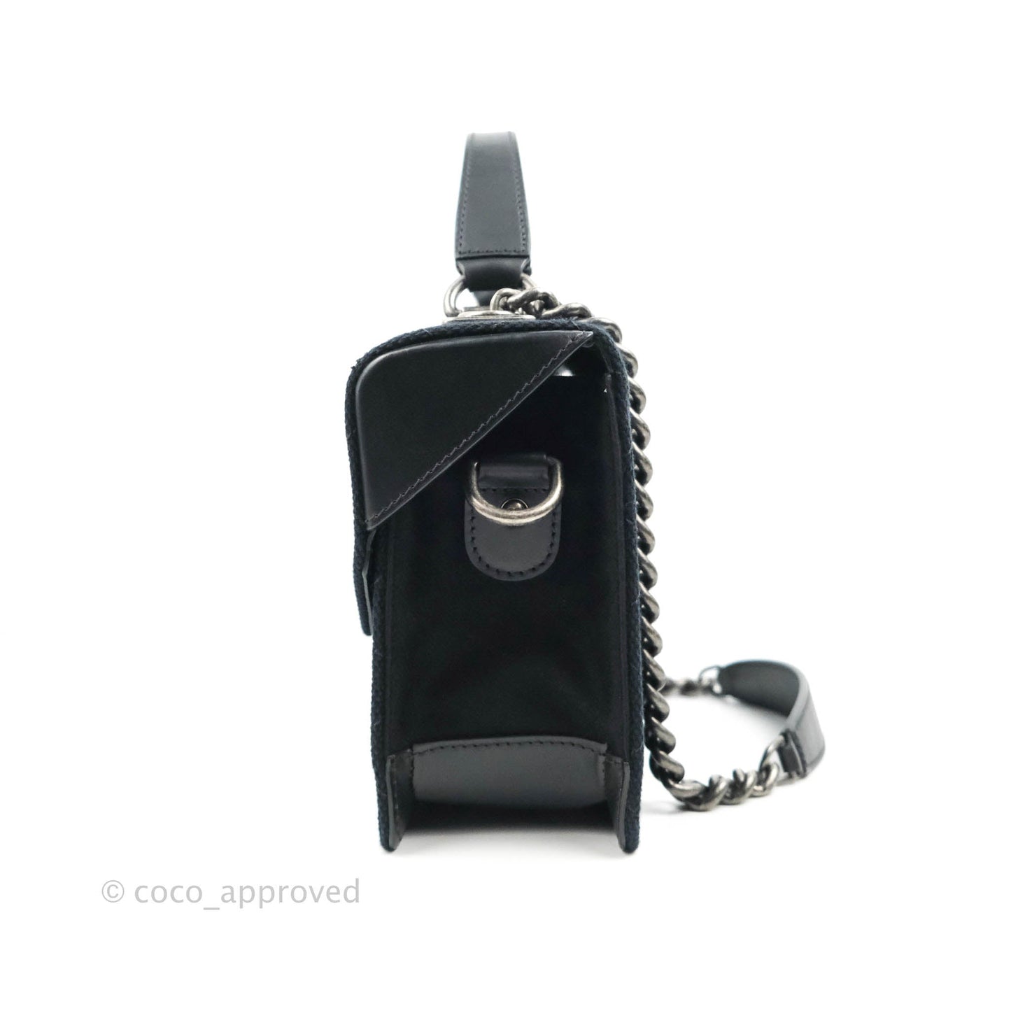Chanel Quilted CC Top Handle with Chain Dark Navy Fabric Ruthenium Hardware 15P