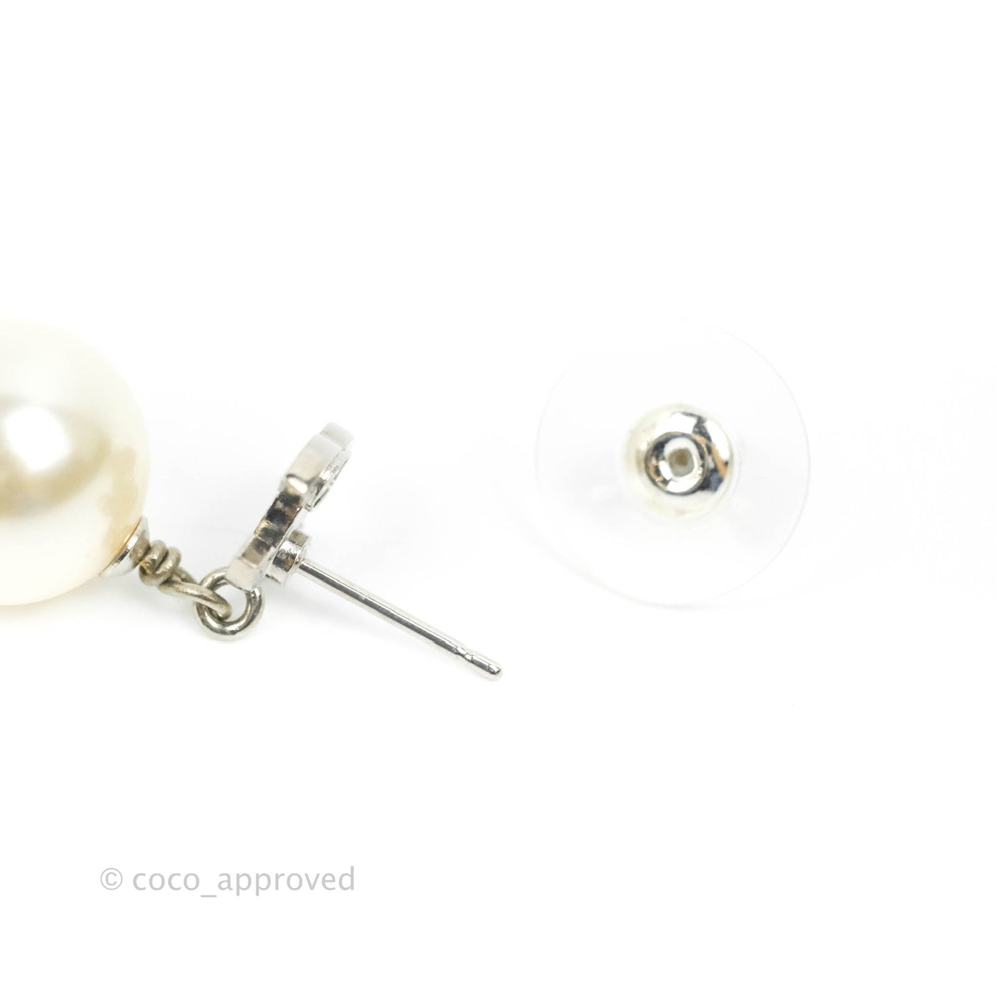 Chanel CC Crystal Pearl Drop Earrings Silver Tone 23V