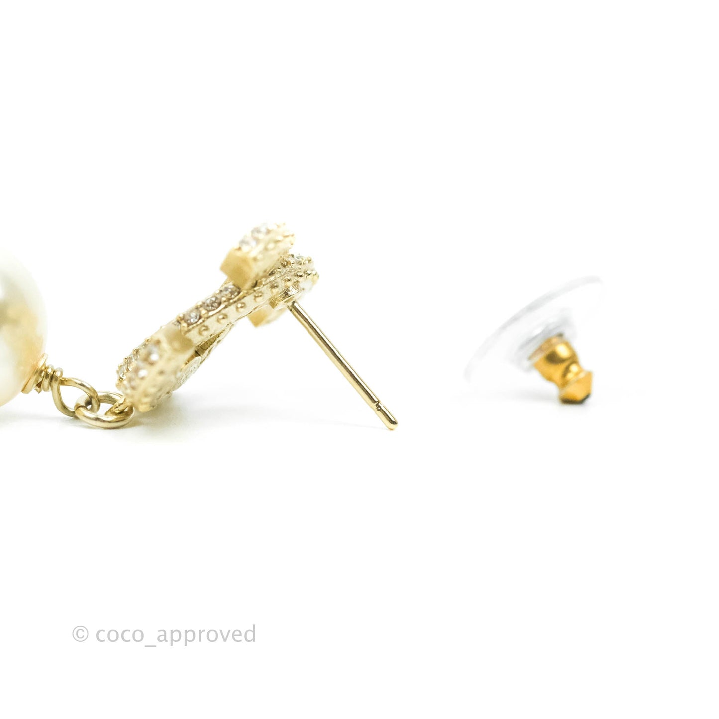 Chanel CC Rhinestone Pearl Drop Earrings Gold Tone