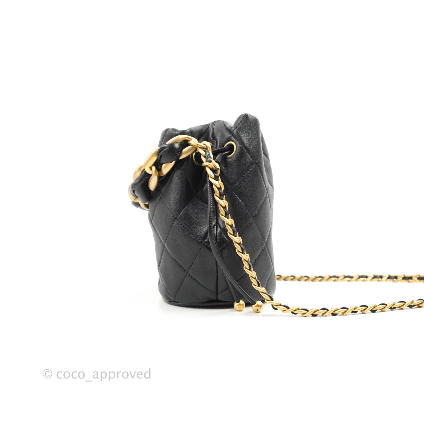 Chanel Small Entwined Chain Drawstring Bucket Bag Black Lambskin Age Gold Hardware