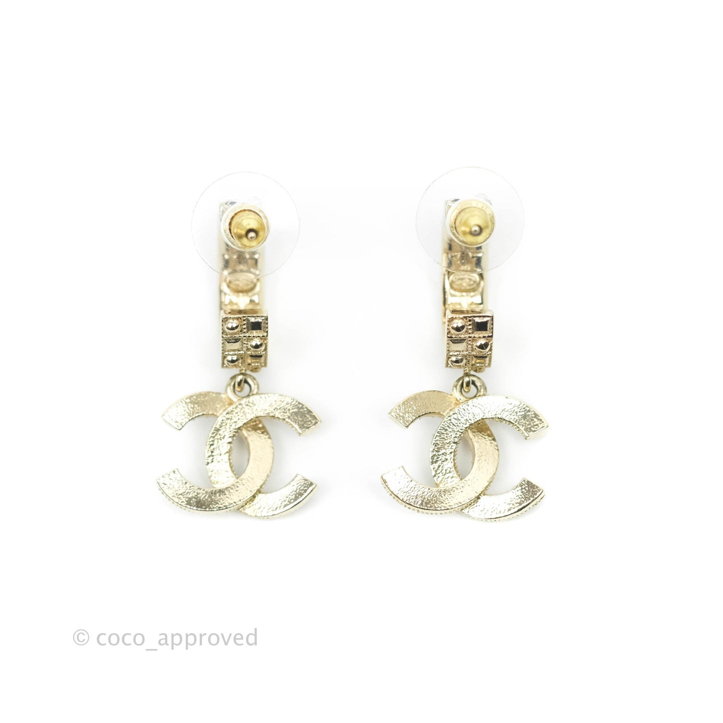 Chanel Crystal Black Resin Drop CC Hoop Earrings Gold Tone 21A