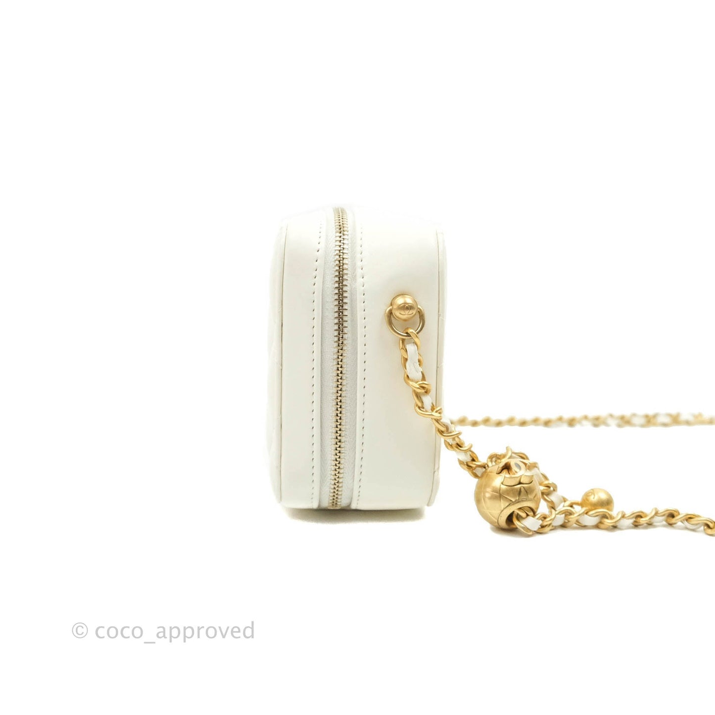 Chanel Mini Pearl Crush Quilted Camera Case White Lambskin Aged Gold Hardware