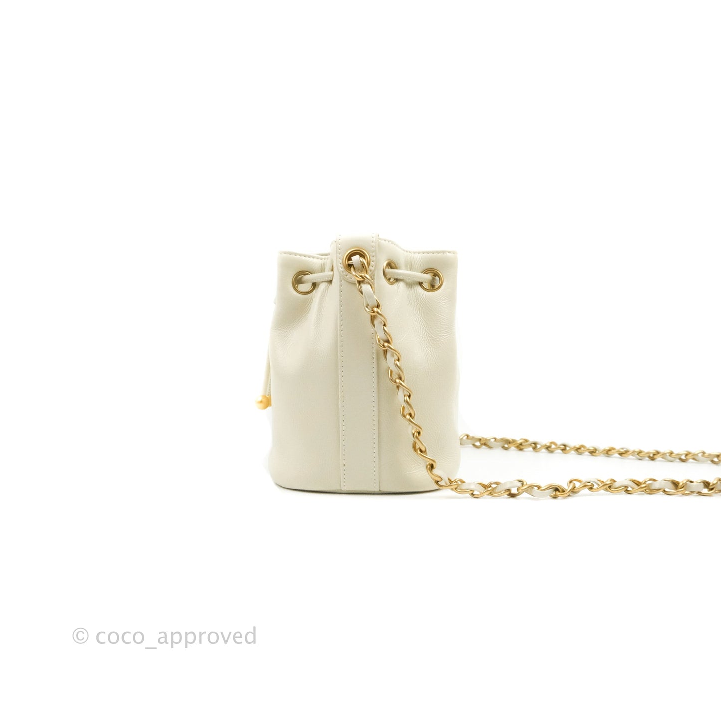 Chanel CC Small Drawstring Bucket Bag White Calfskin Aged Gold Hardware