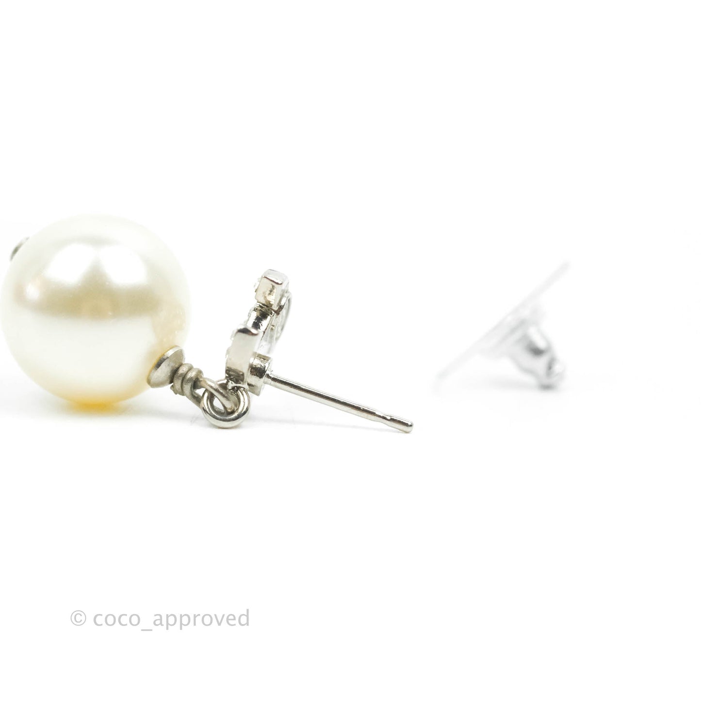 Chanel CC Crystal Pearl Drop Earrings Silver Tone 20V