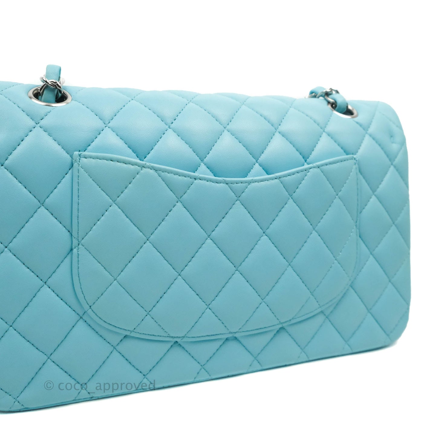 Chanel Classic M/L Medium Double Flap Tiffany Neon Blue Lambskin Silver Hardware 21S