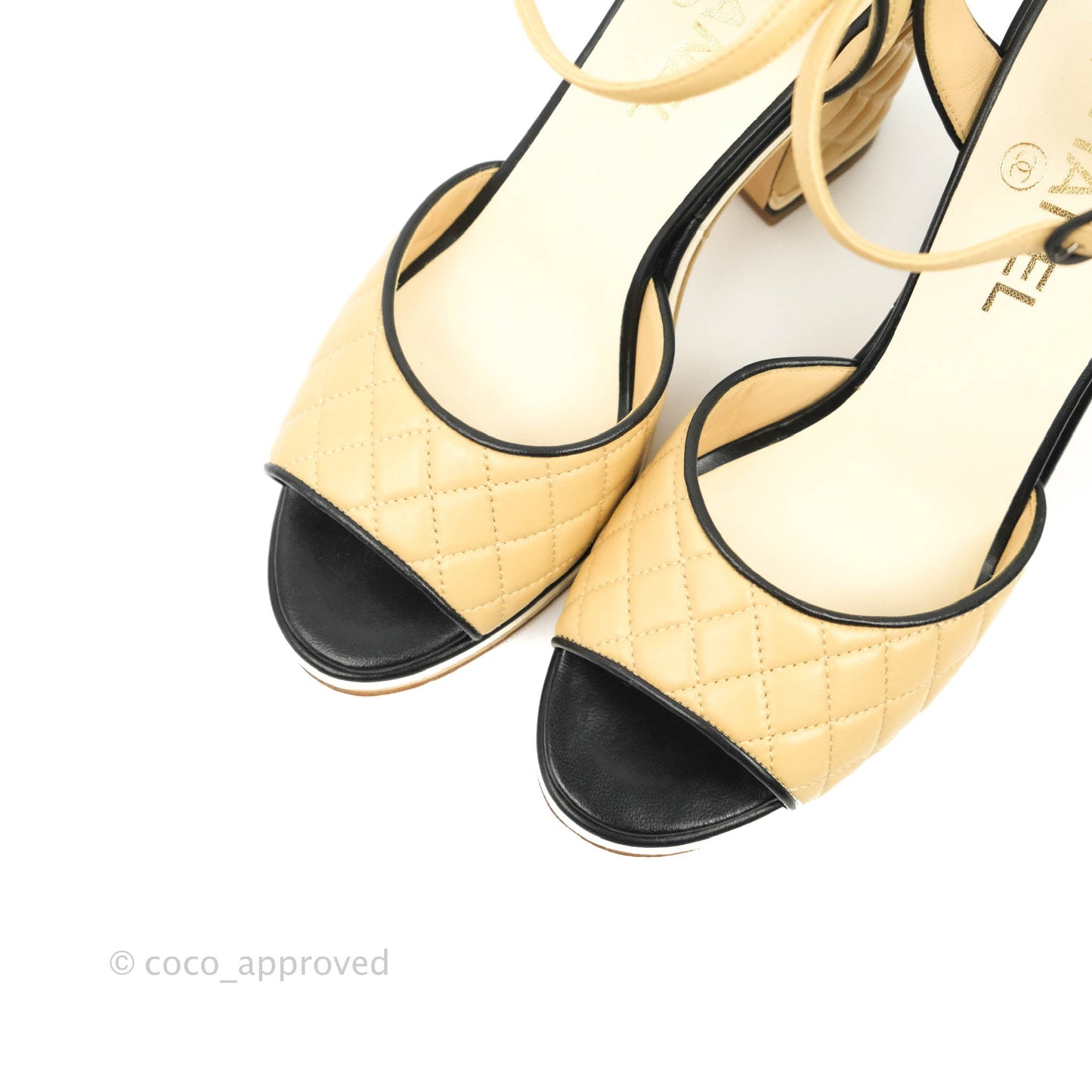 Chanel Beige Black Quilted Leather CC Block Heel Ankle Strap Sandal Size 38