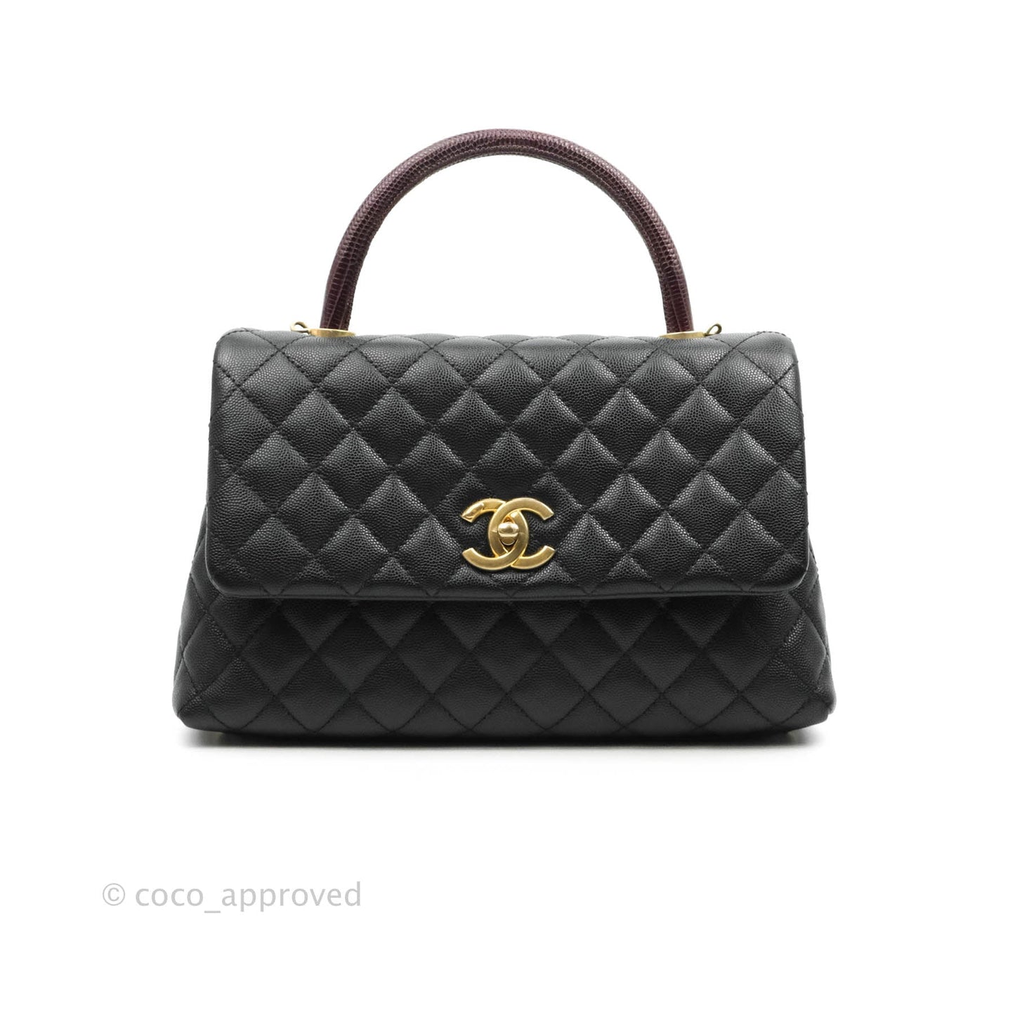 Chanel Medium Coco Handle Quilted Black Caviar Lizard Handle Gold Hardware