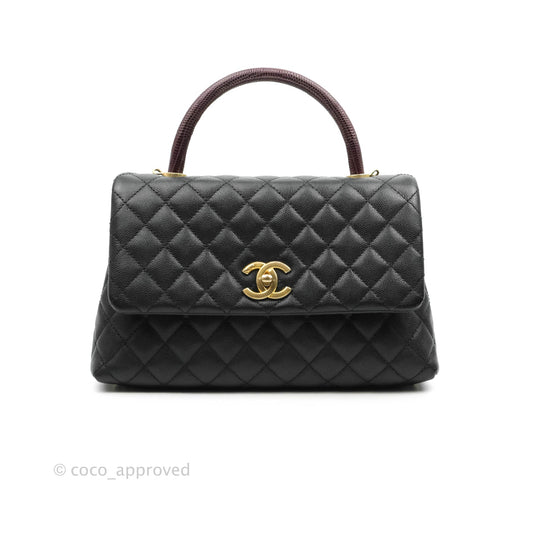 Chanel Medium Coco Handle Quilted Black Caviar Lizard Handle Gold Hardware
