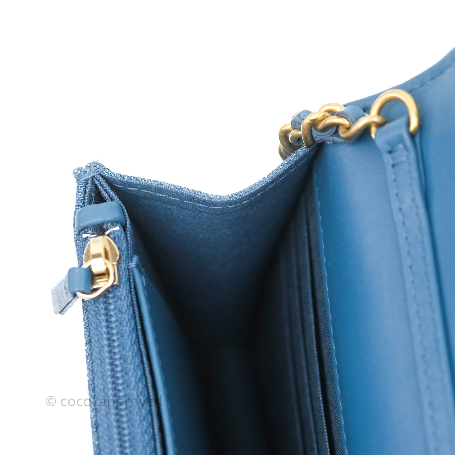 Chanel Quilted Pearl Crush Wallet on Chain WOC Denim Aged Gold Hardware