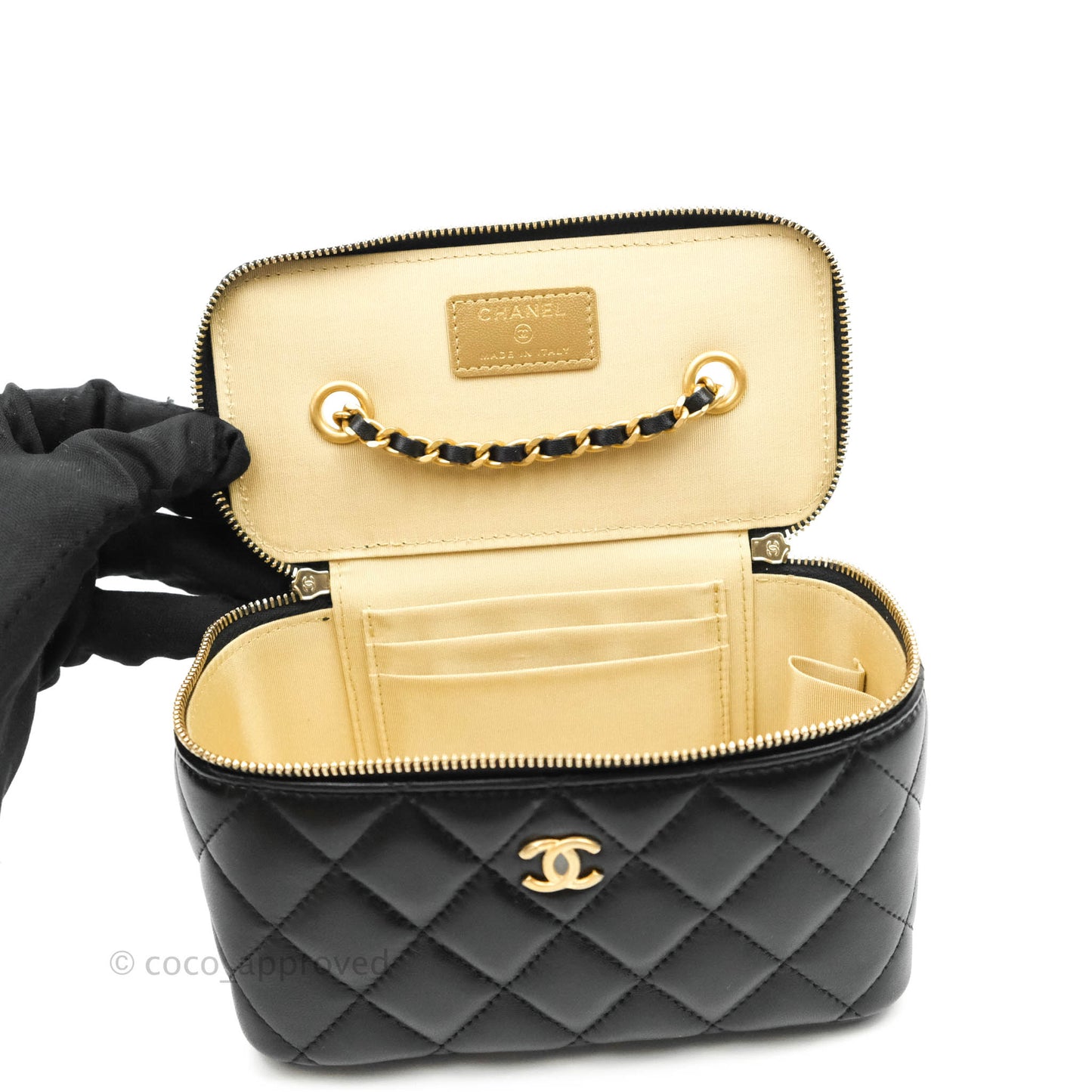 Chanel Vanity with Pearl Crush Chain in Black Lambskin Aged Gold Hardware