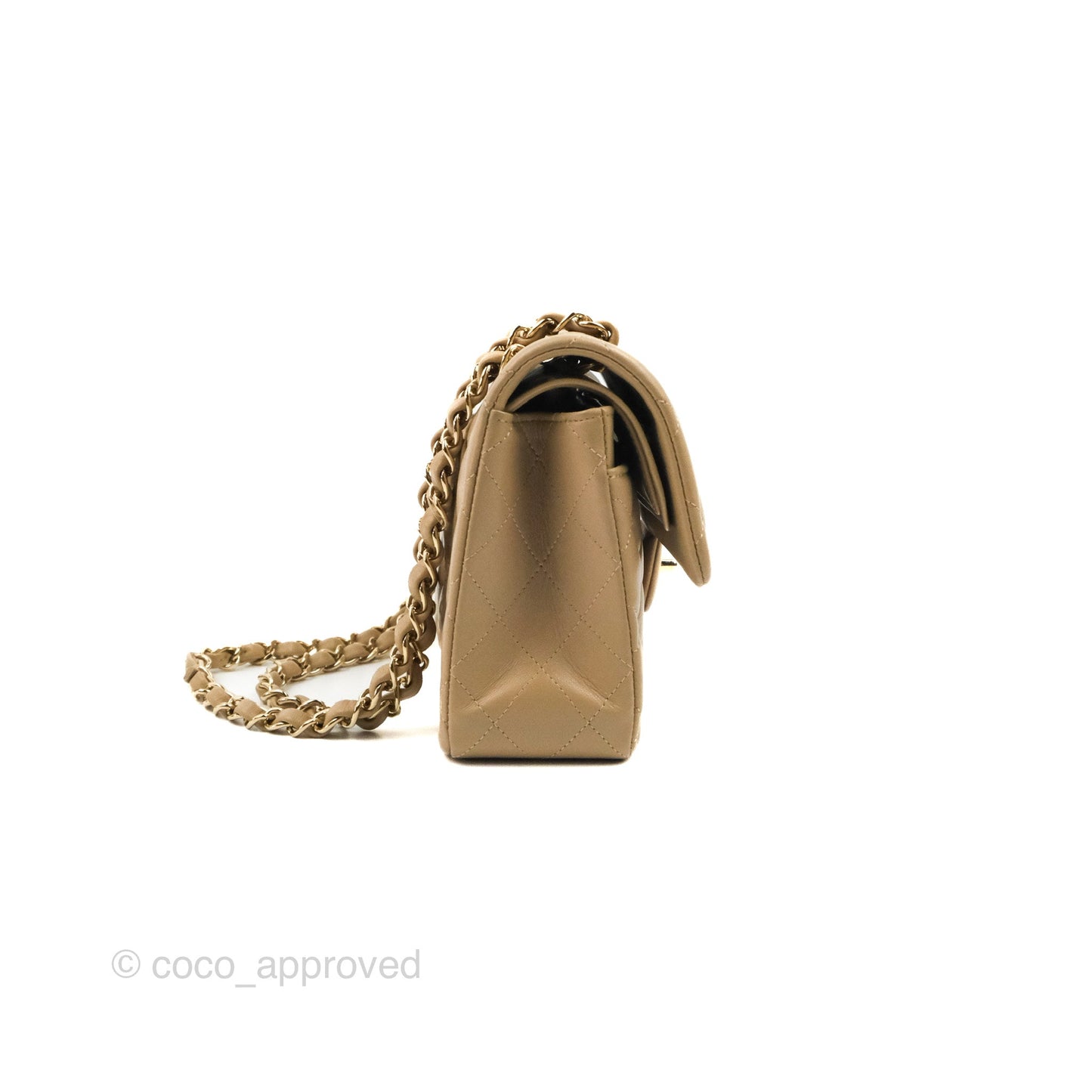 Chanel Small Classic Quilted Flap Dark Beige Lambskin Gold Hardware