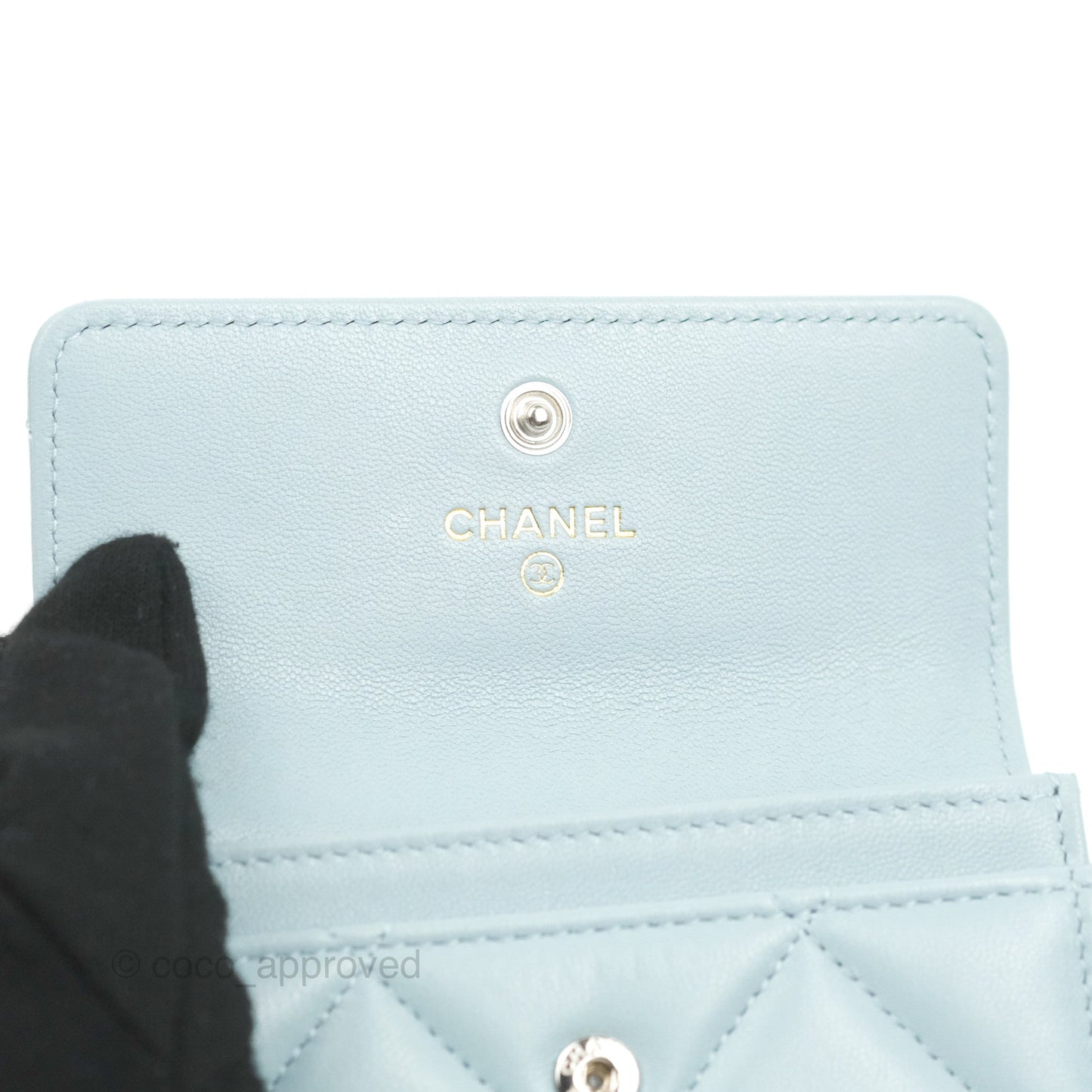 Chanel 19 Quilted Flap Card Holder Light Blue Lambskin