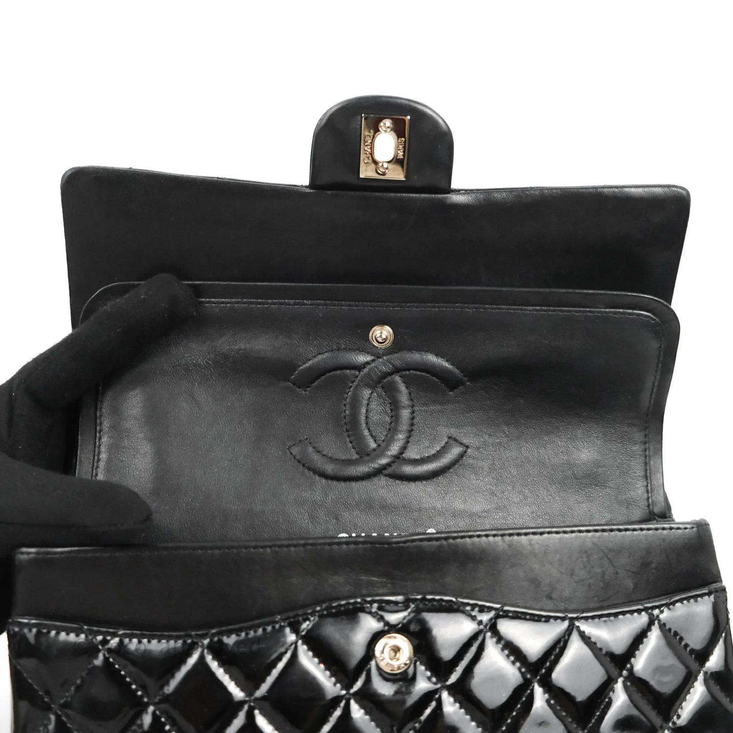 Chanel Classic Quilted M/L Medium Double Flap Black Patent Silver Hardware