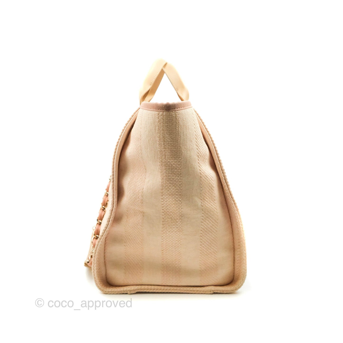 Chanel Large Deauville Pink Stripe Canvas Beige Handle Gold Hardware