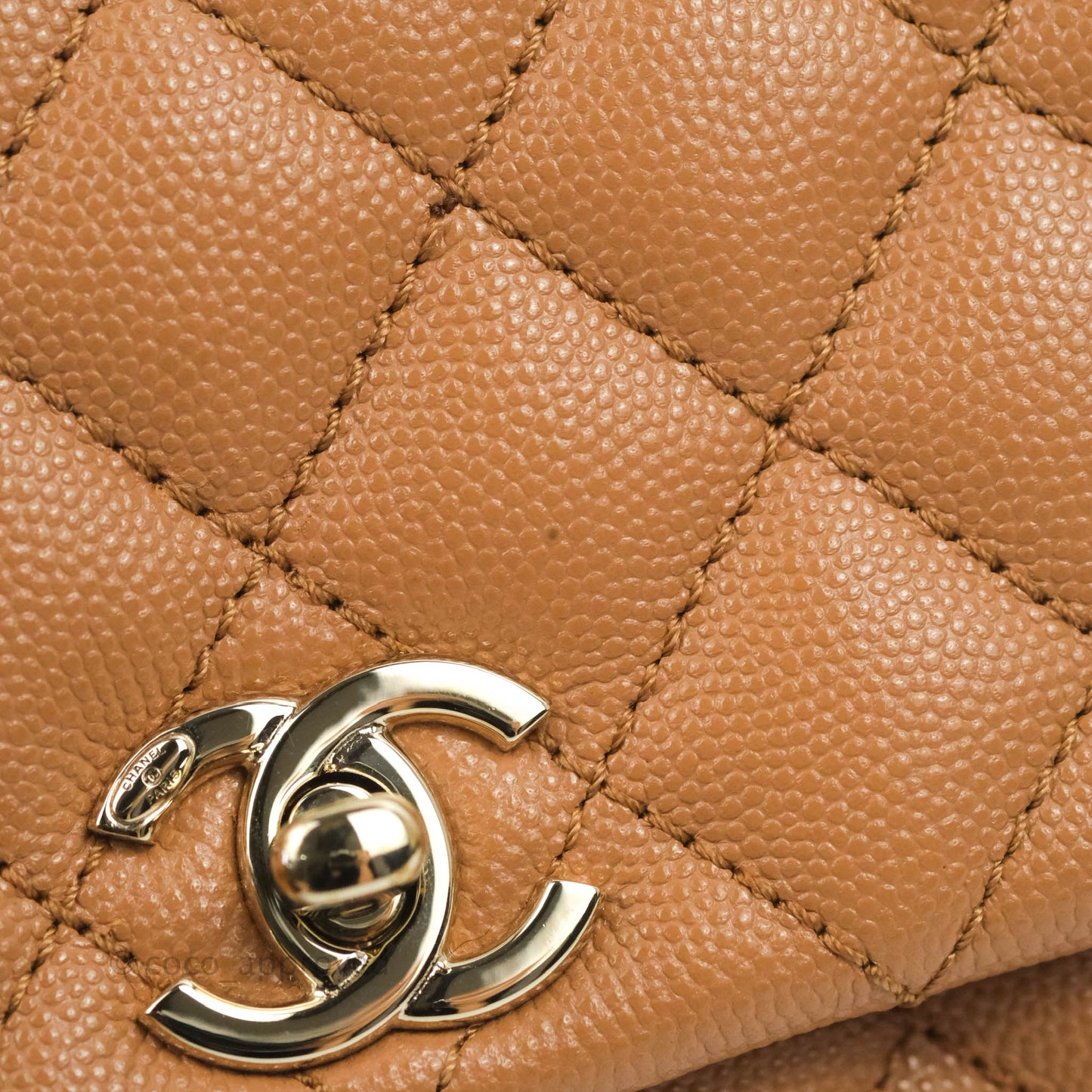 Chanel Mini Coco Handle Quilted Dark Beige Caramel Caviar Lizard Embossed Handle Gold Hardware