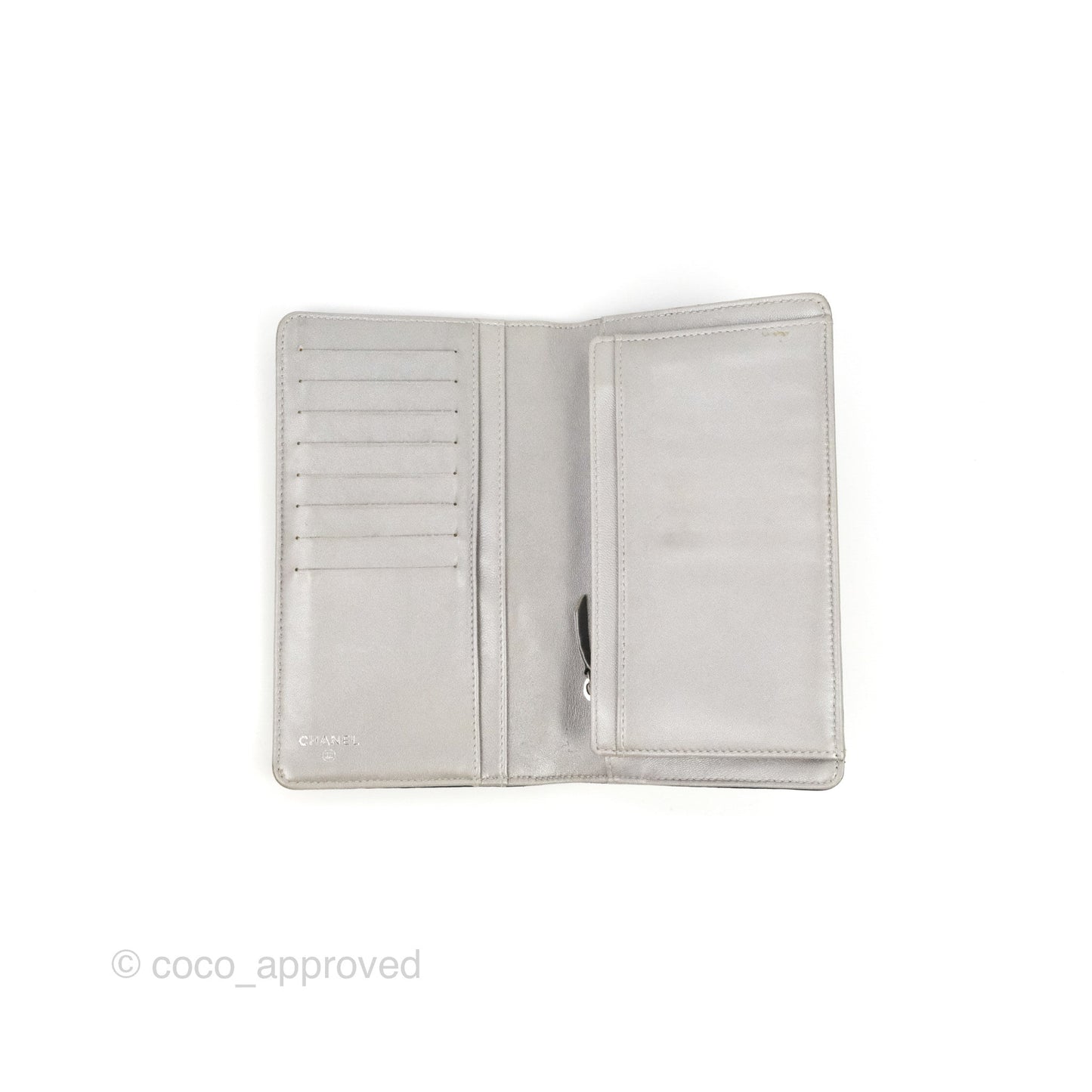 Chanel Yen Camellia Embossed Wallet Black Lambskin Silver Hardware