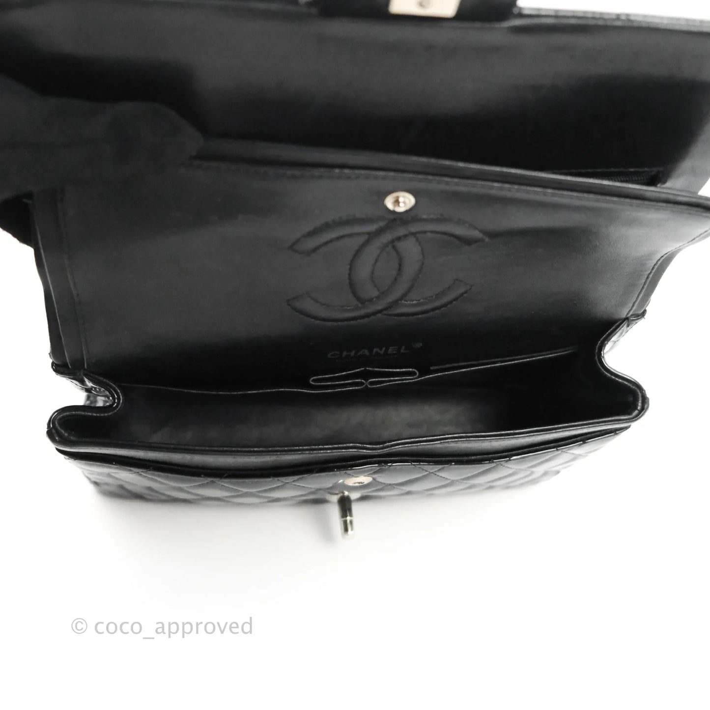 Chanel Classic Quilted M/L Medium Double Flap Black Patent Silver Hardware