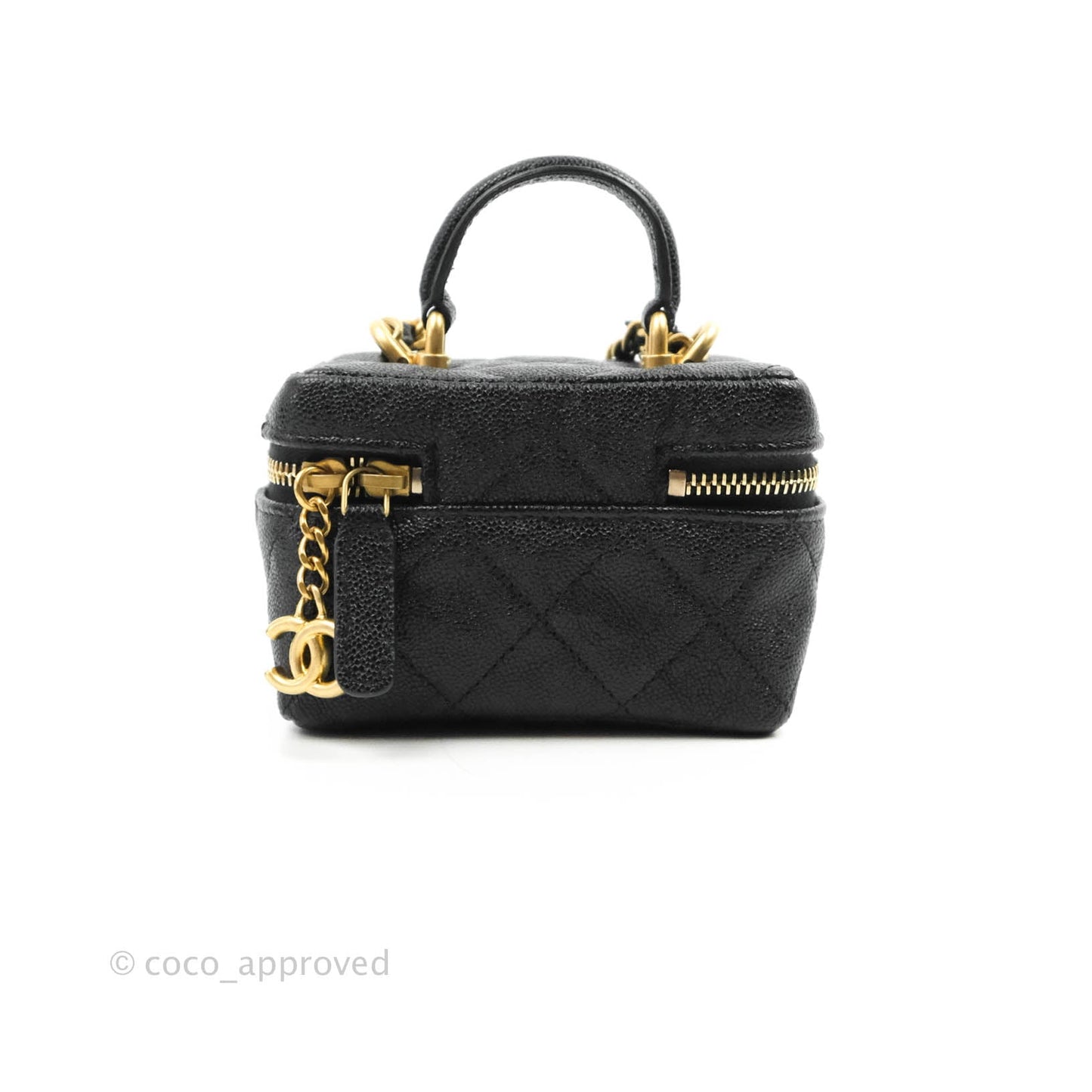 Chanel Quilted Mini Top Handle Vanity With Chain Black Caviar Aged Gold Hardware