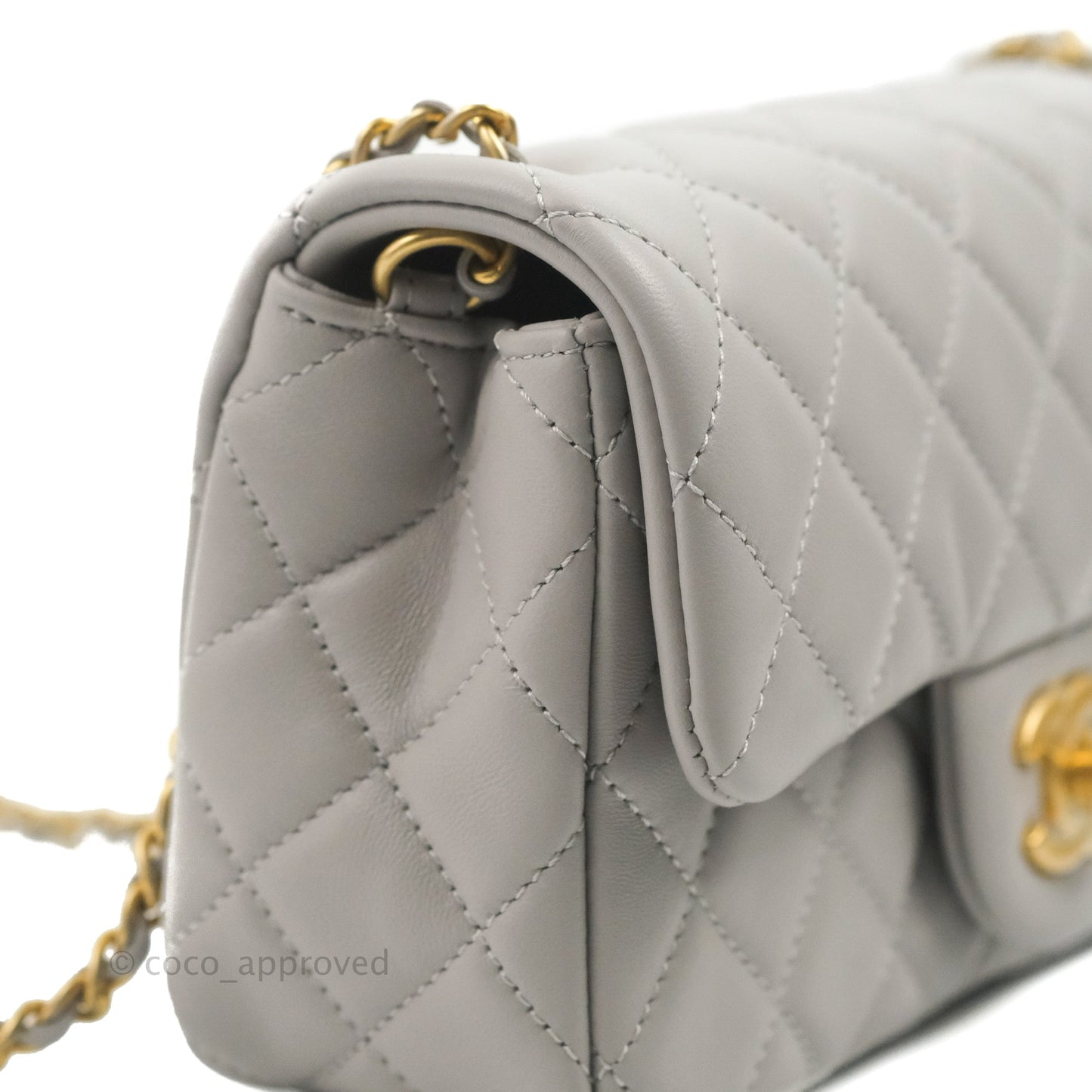 Chanel Mini Rectangular Pearl Crush Quilted Grey Lambskin Aged Gold Hardware