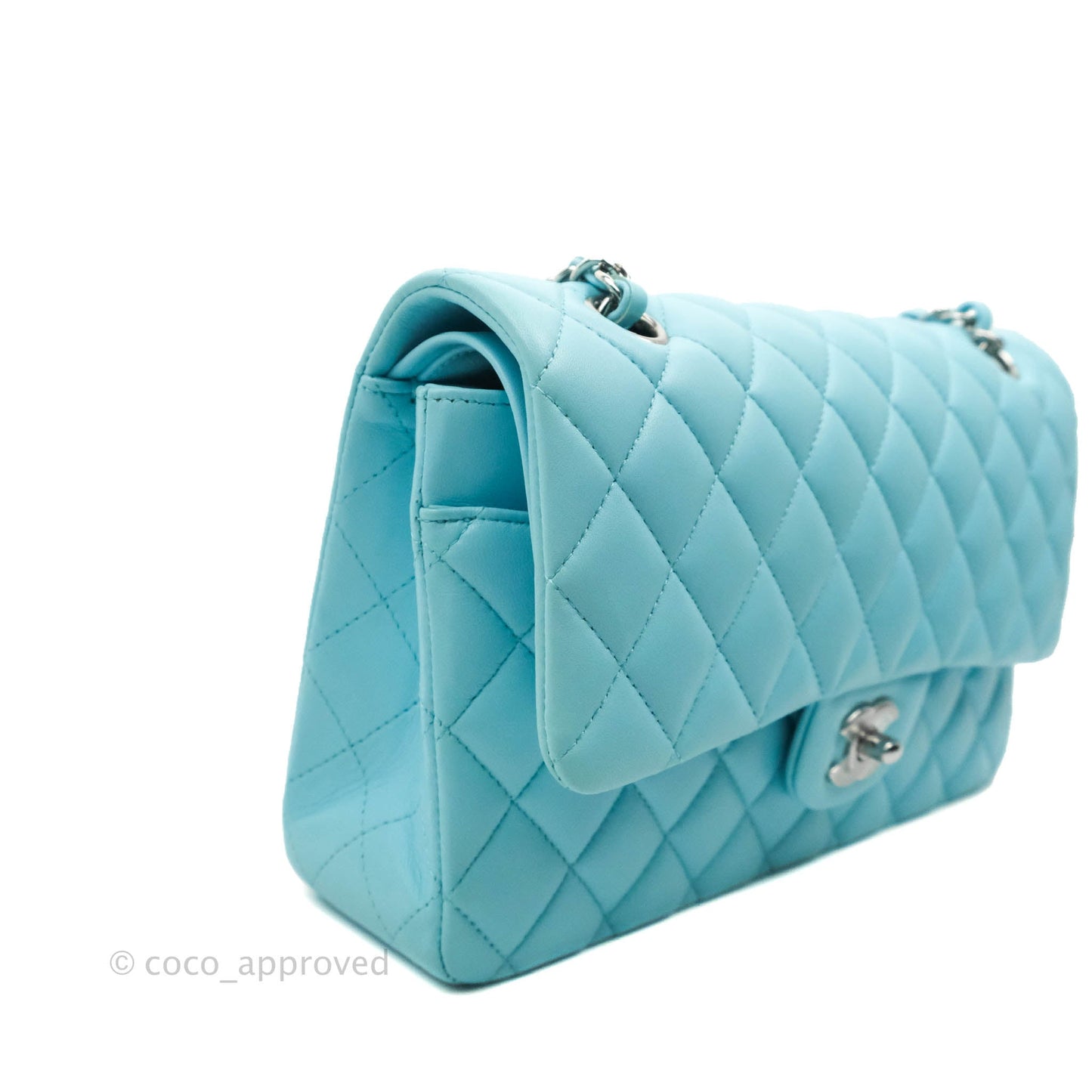 Chanel Classic M/L Medium Double Flap Tiffany Neon Blue Lambskin Silver Hardware 21S