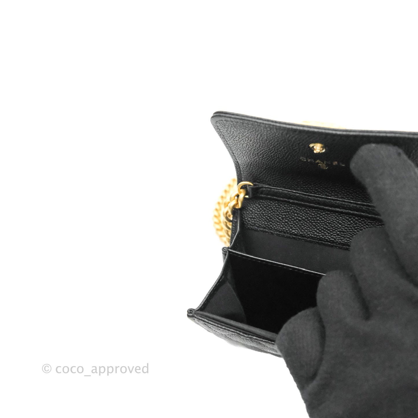 Chanel Boy Card Holder With Chain Black Caviar Gold Hardware
