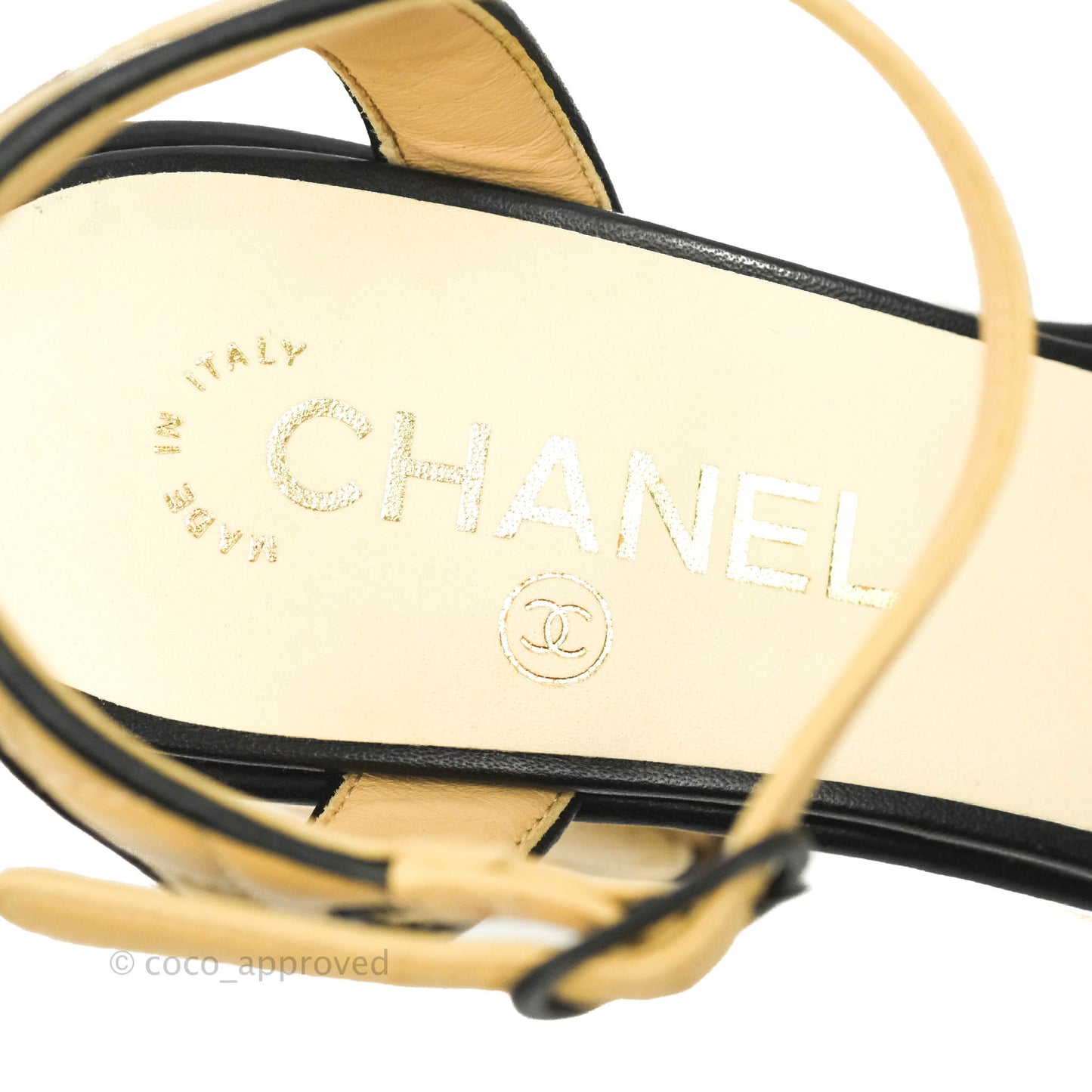 Chanel Beige Black Quilted Leather CC Block Heel Ankle Strap Sandal Size 38