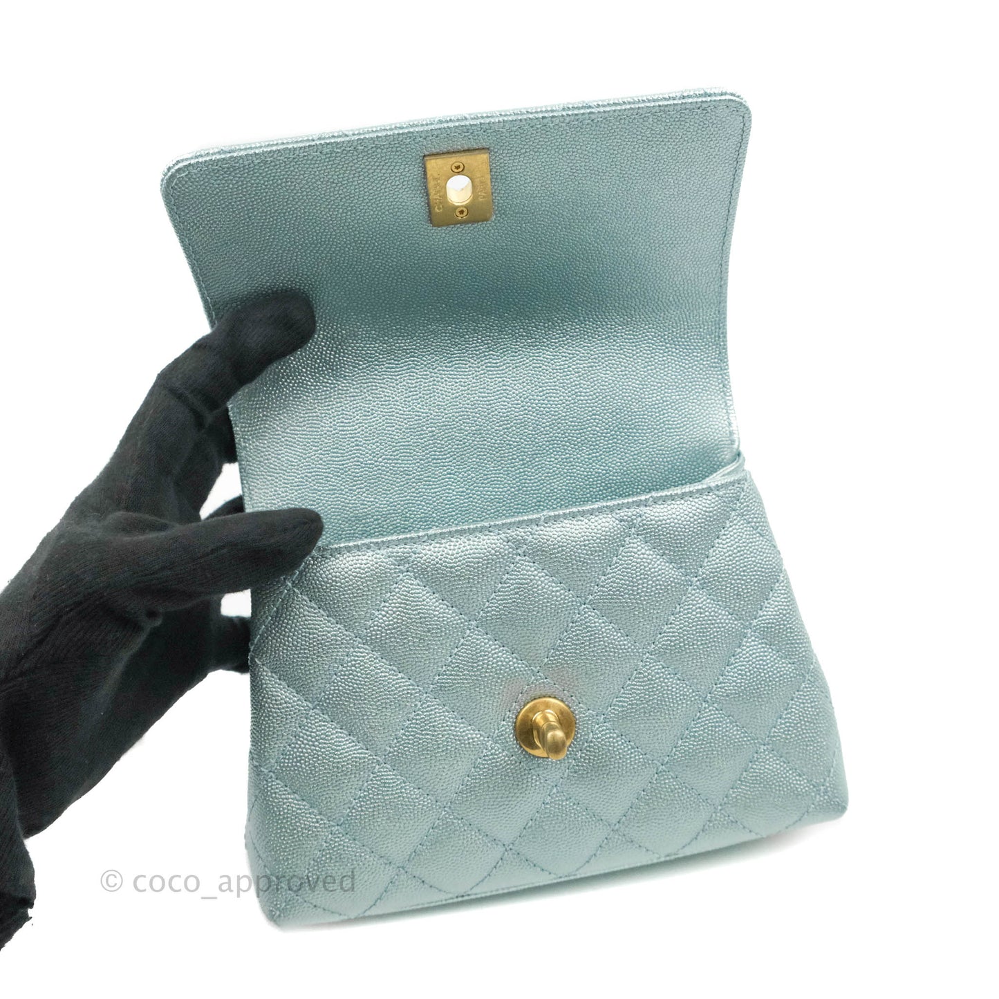Chanel Mini Coco Handle Quilted Iridescent Blue Caviar Gold Hardware