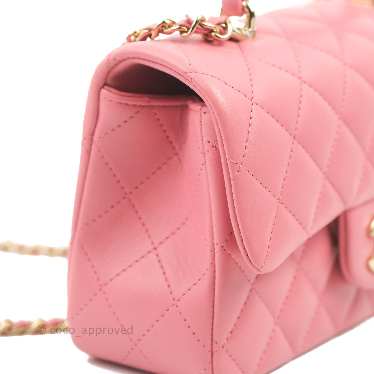 Chanel Top Handle Mini Rectangular Flap Bag Rosy Pink Lambskin Gold Hardware
