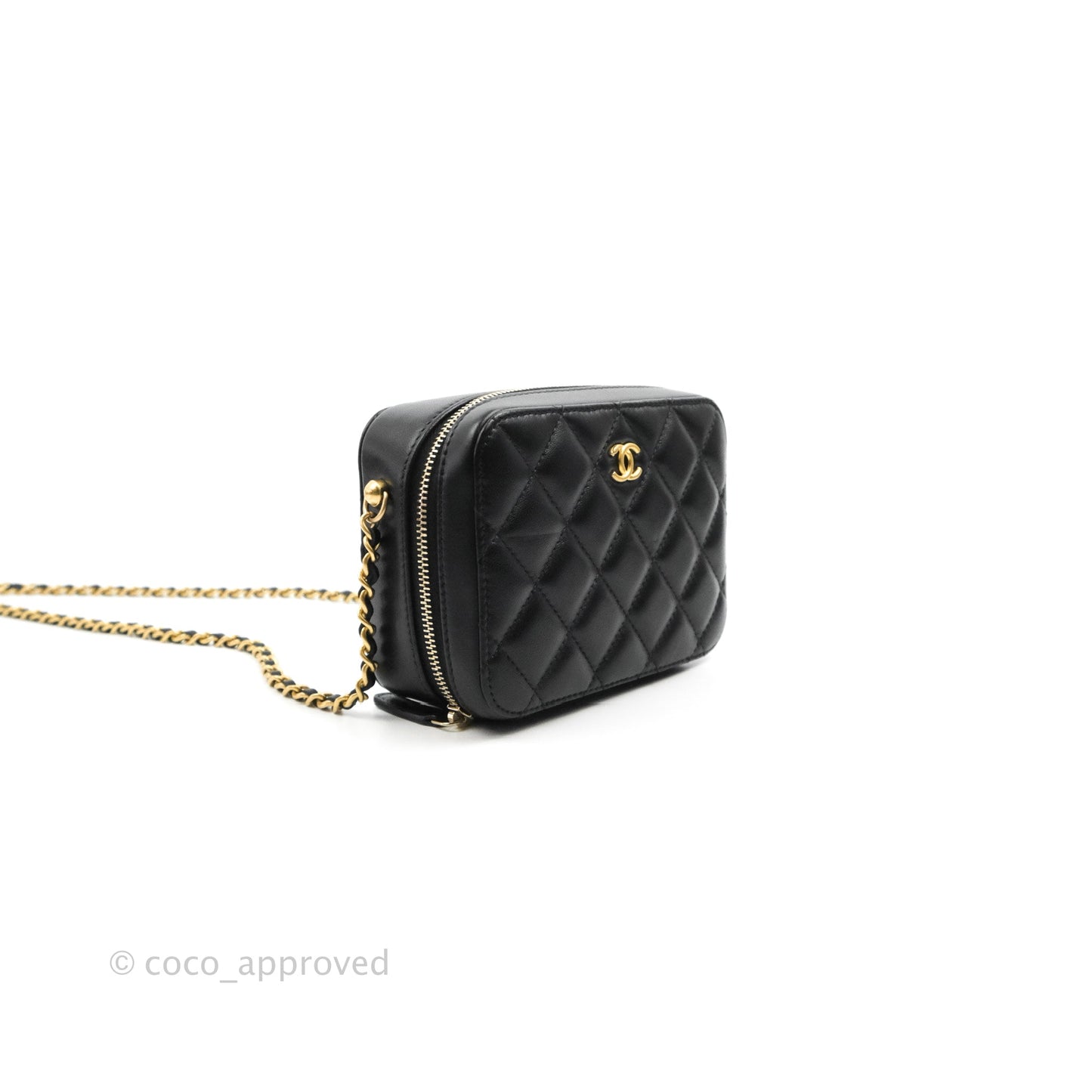 Chanel Mini Pearl Crush Quilted Camera Case Black Lambskin Aged Gold Hardware