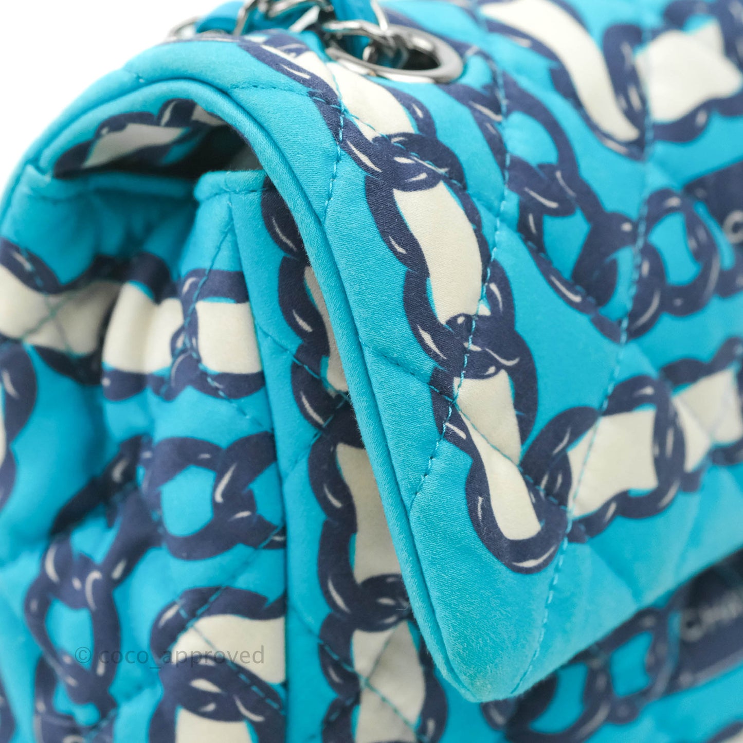 Chanel Medium Single Flap Chain Printed in Blue Silk Gun Metal