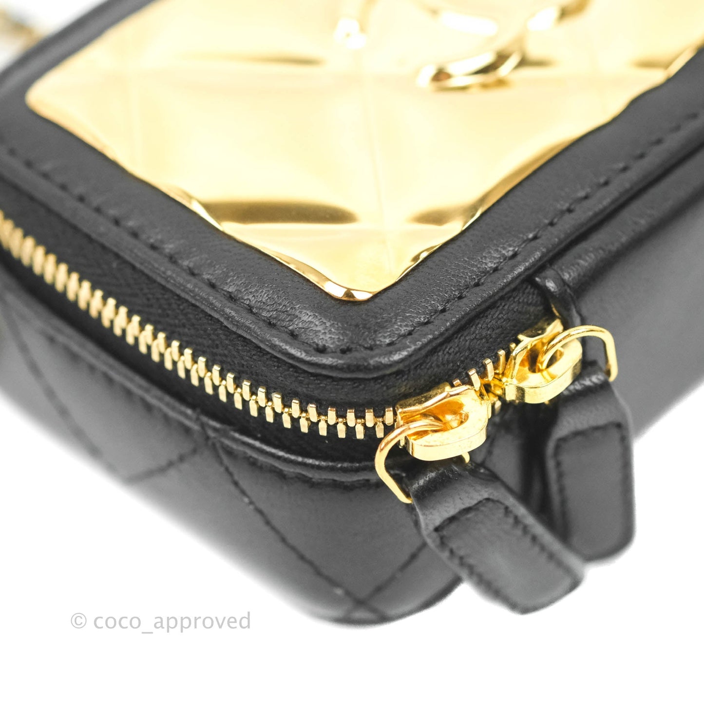Chanel Metal Quilted Extra Mini Vanity Case With Chain Black Gold Lambskin