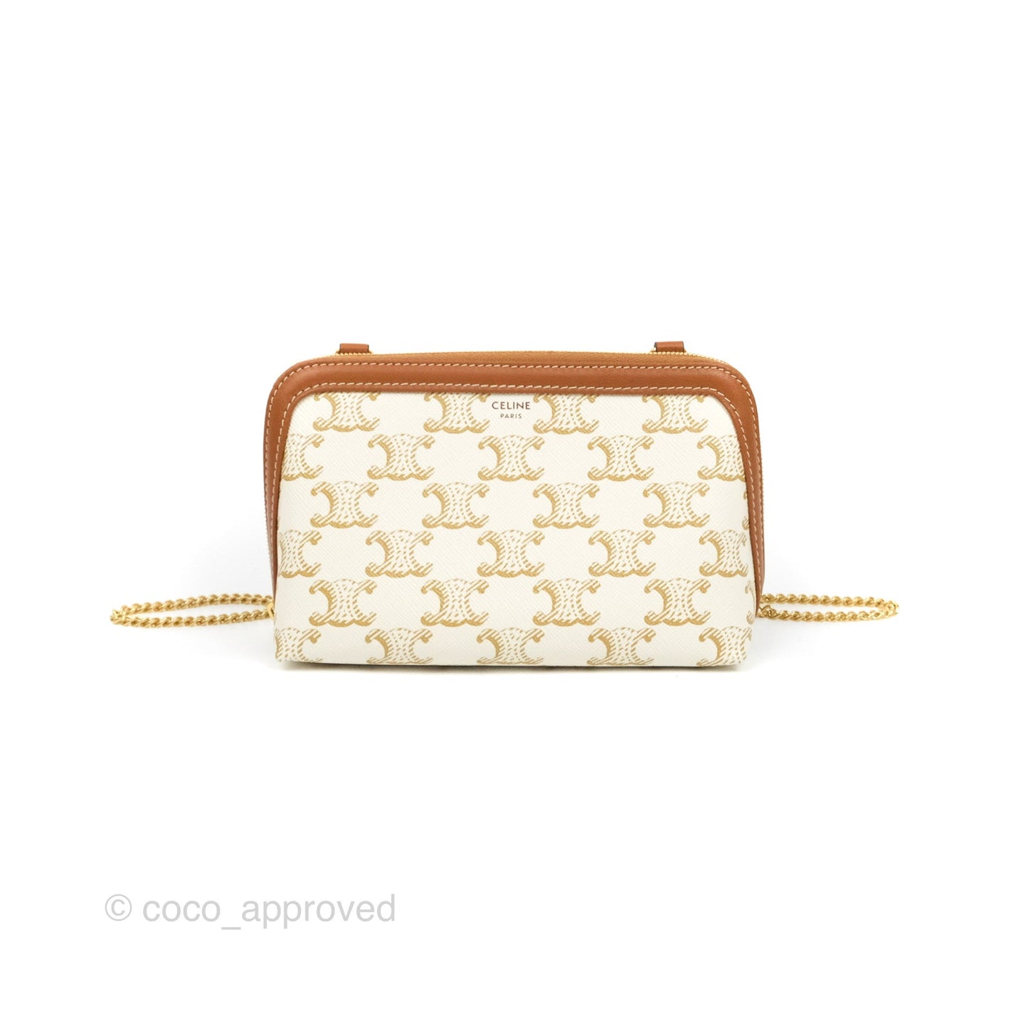 Celine Clutch With Chain Triomphe Canvas Lambskin White/Tan