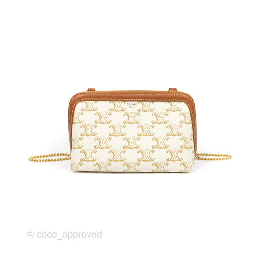 Celine Clutch With Chain Triomphe Canvas Lambskin White/Tan