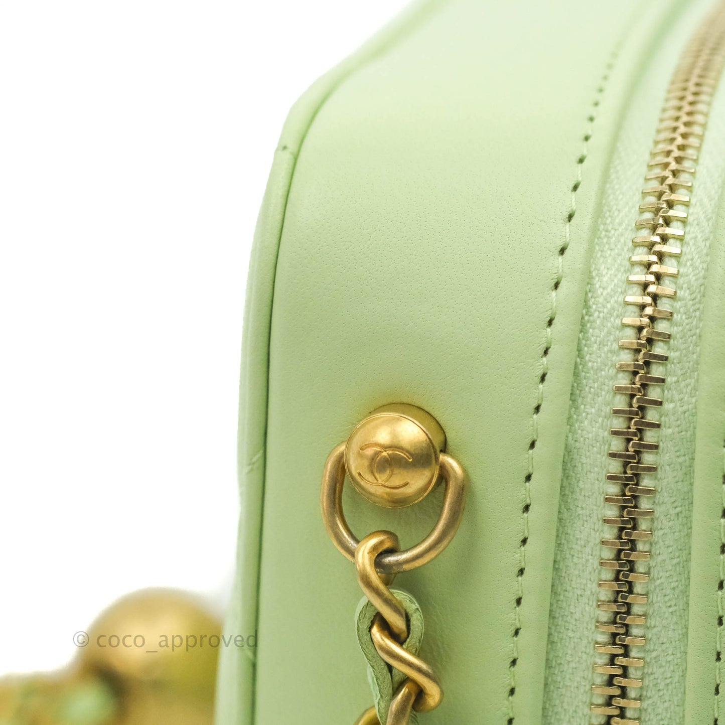 Chanel Mini Pearl Crush Quilted Camera Case Pastel Green Lambskin Aged Gold Hardware