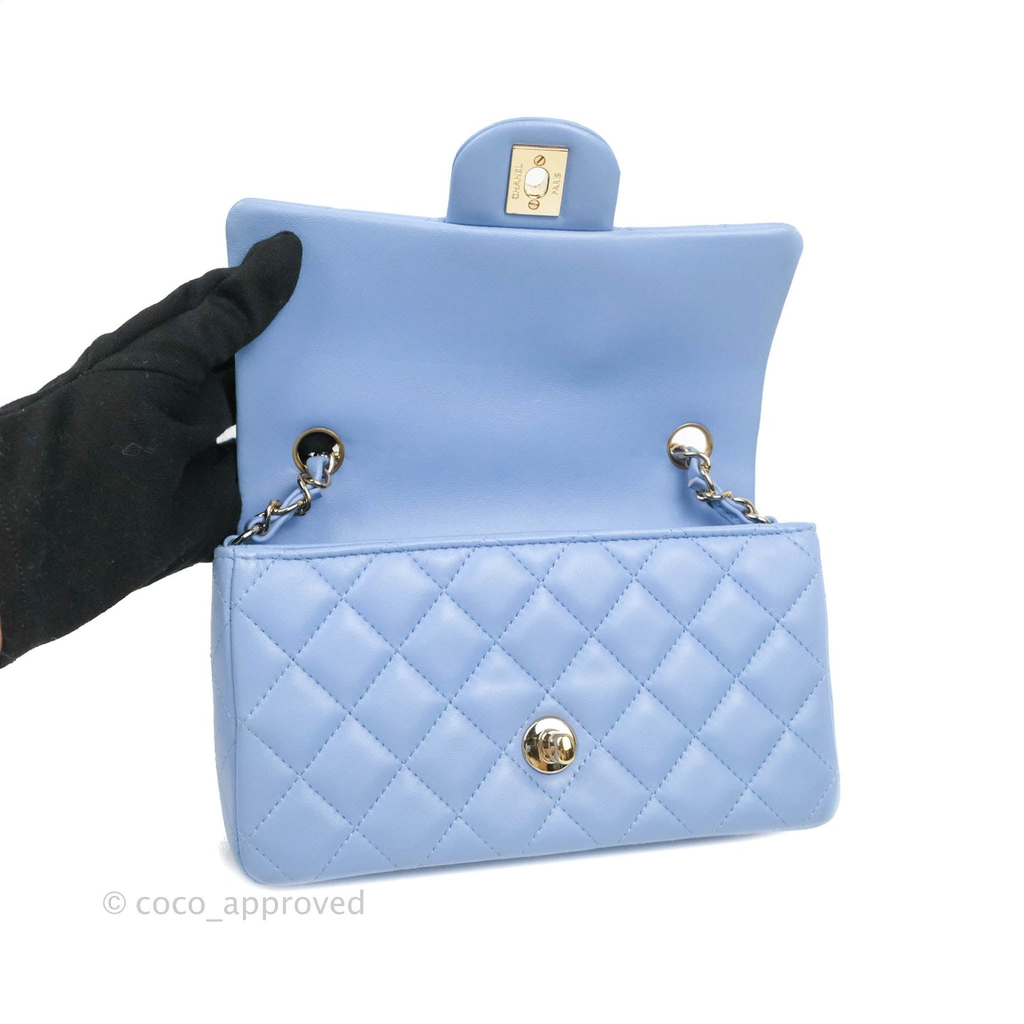Chanel Quilted Mini Rectangular Flap Light Blue Lambskin Gold Hardware