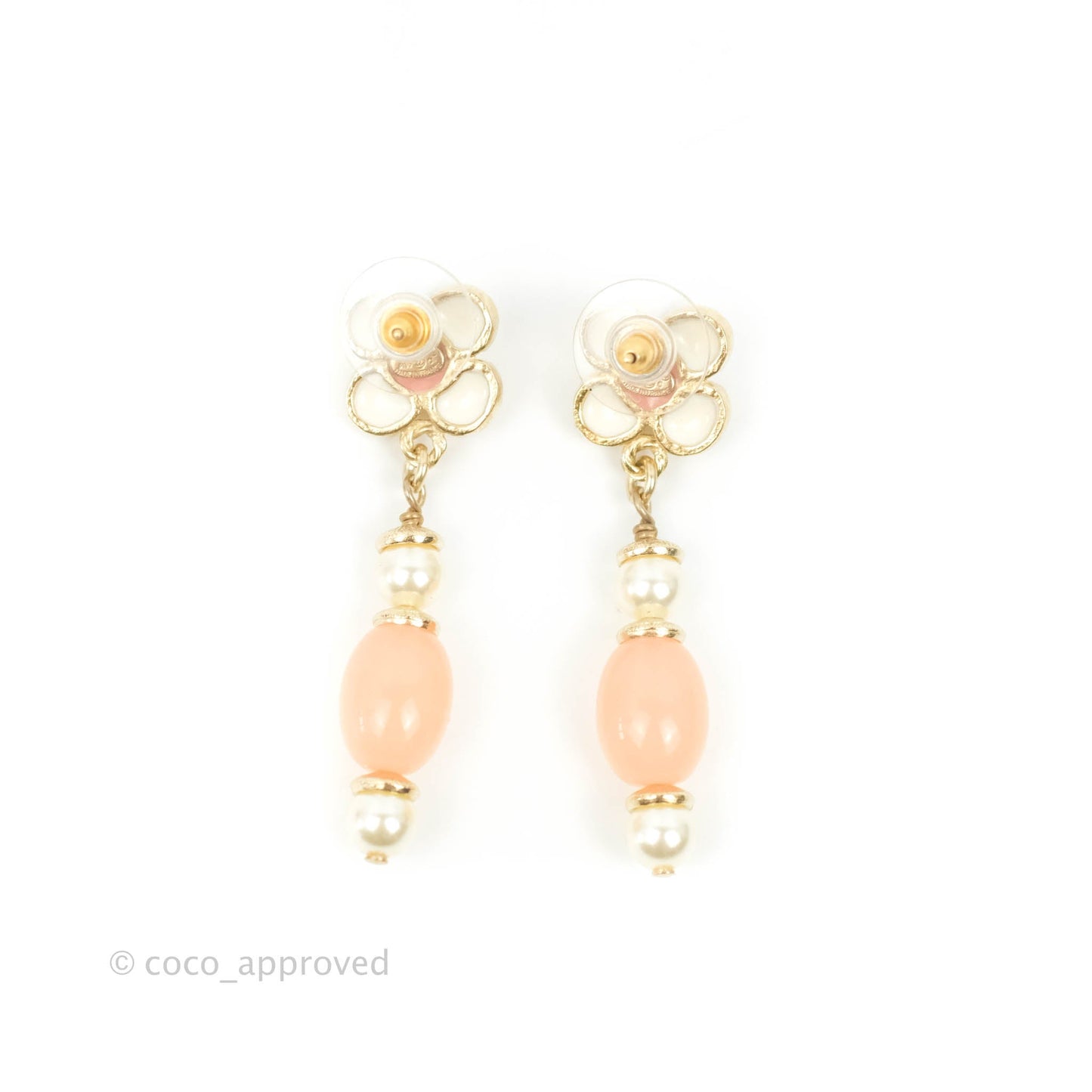 Chanel CC Flower Pink Resin Pearl Drop Earrings 18C