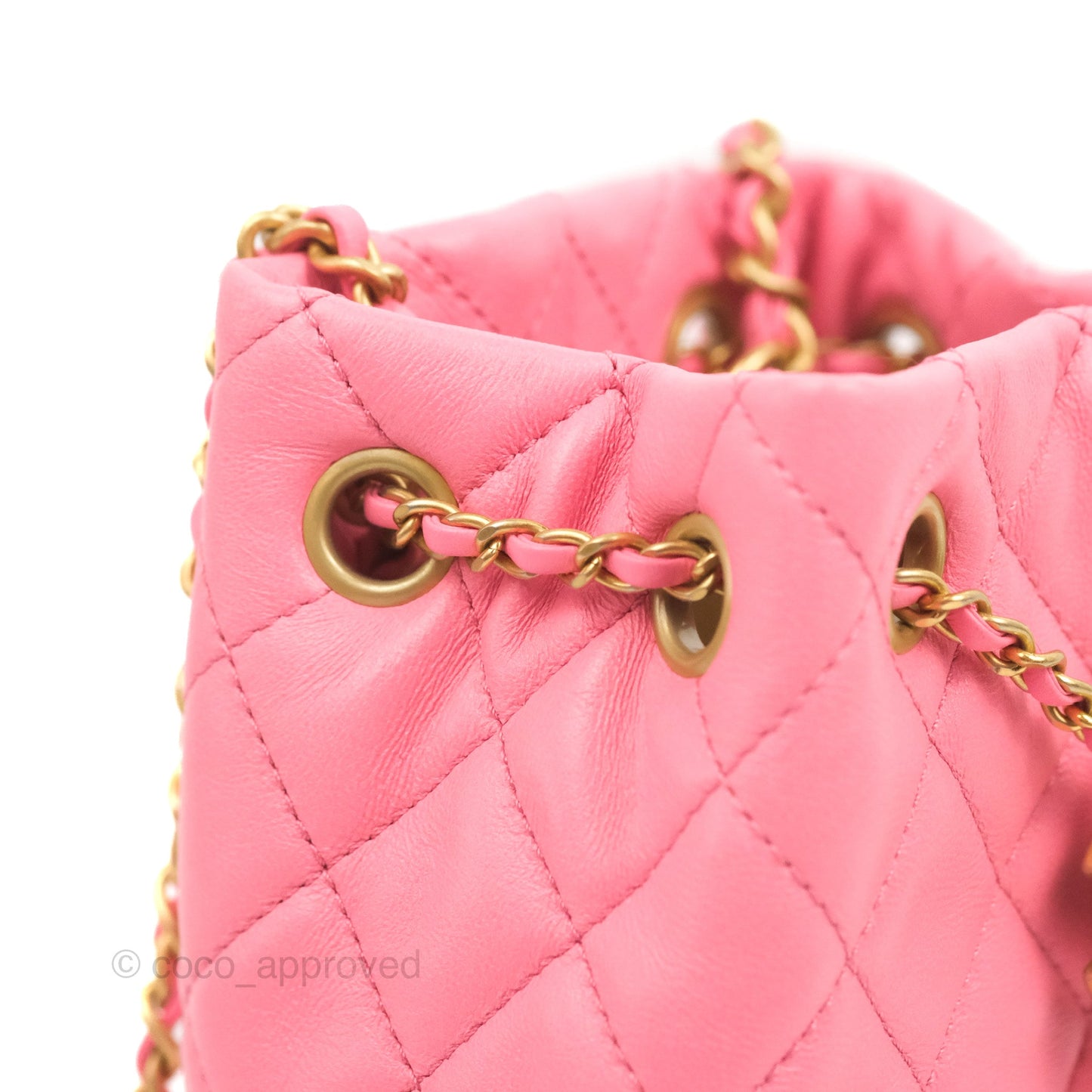 Chanel Quilted Crystal Pearl Crush Drawstring Bucket Bag Pink Lambskin Gold Hardware