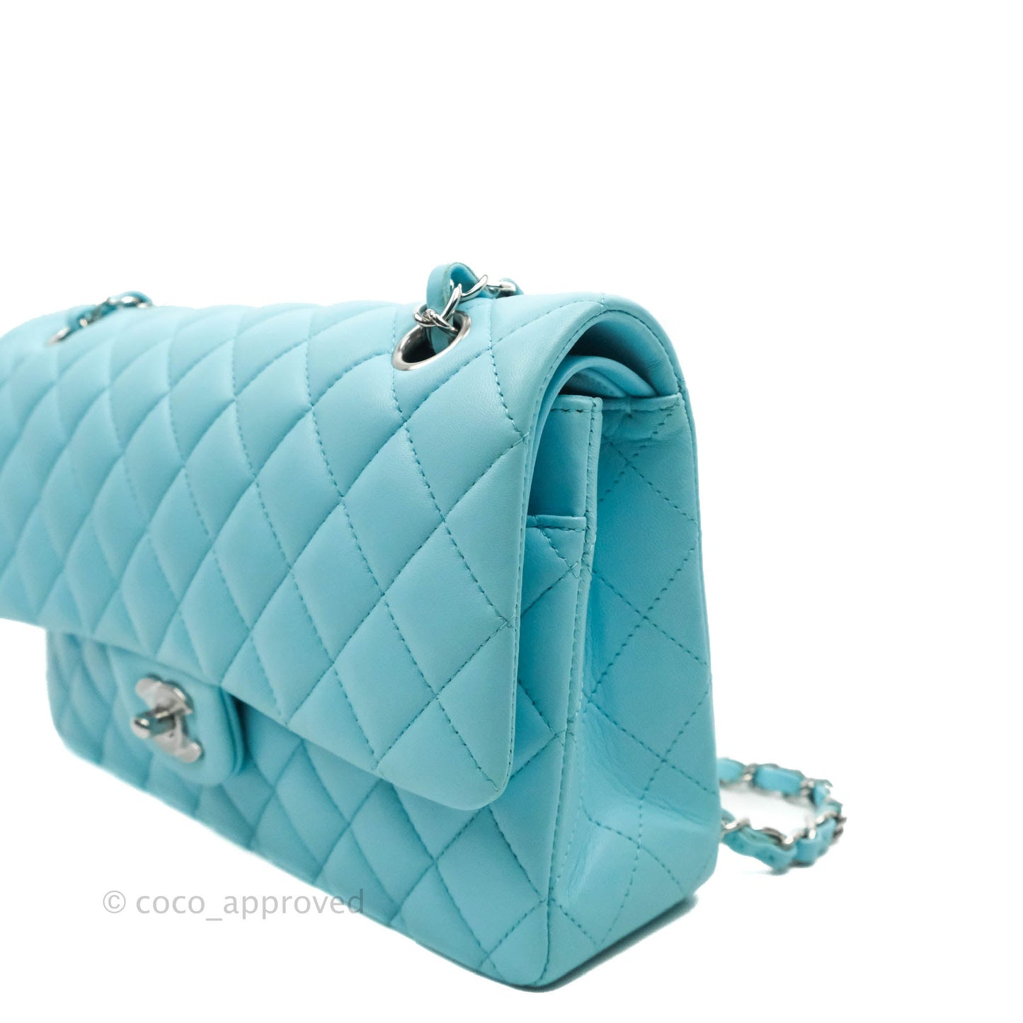 Chanel Classic M/L Medium Double Flap Tiffany Neon Blue Lambskin Silver Hardware 21S