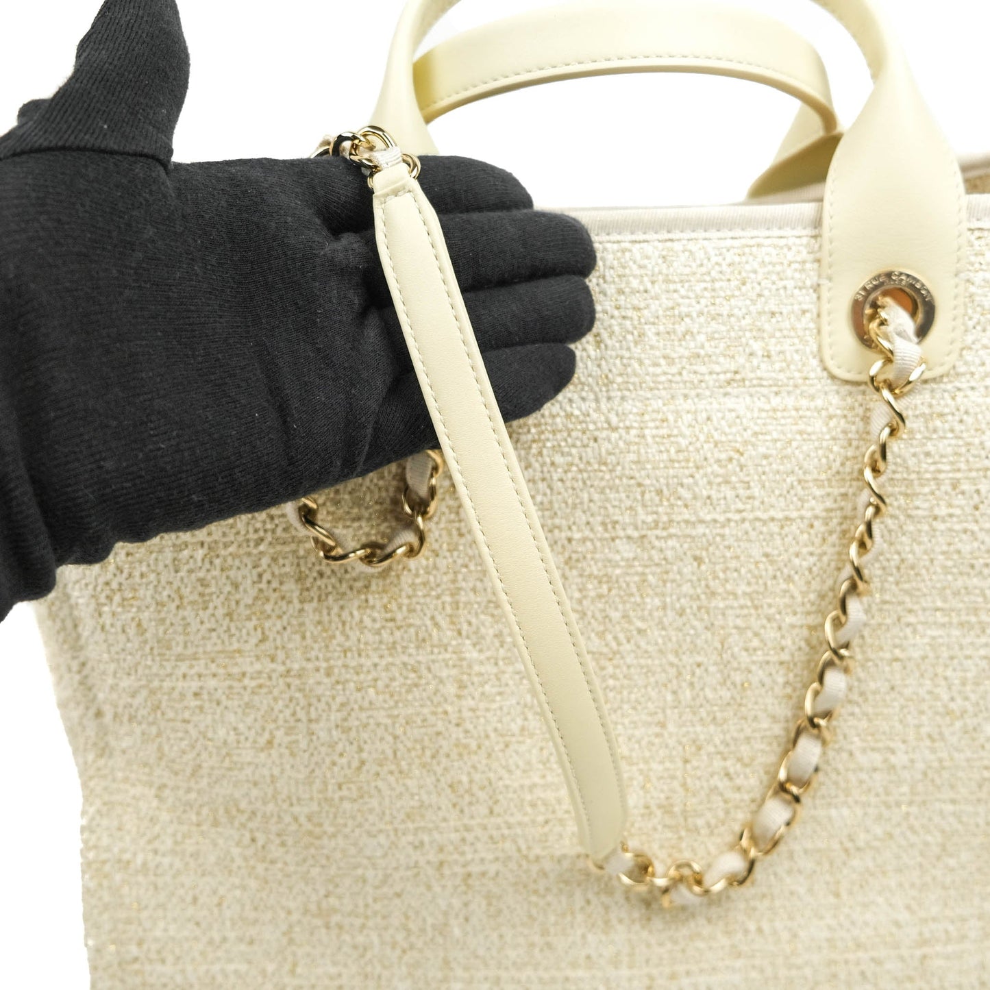 Chanel Large Deauville Iridescent Gold Beige Canvas Gold Hardware