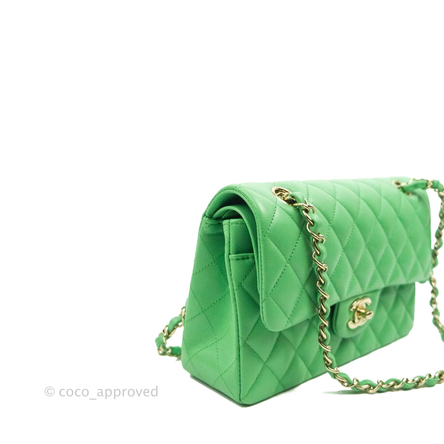 Chanel Small Classic Quilted Flap Green Caviar Gold Hardware