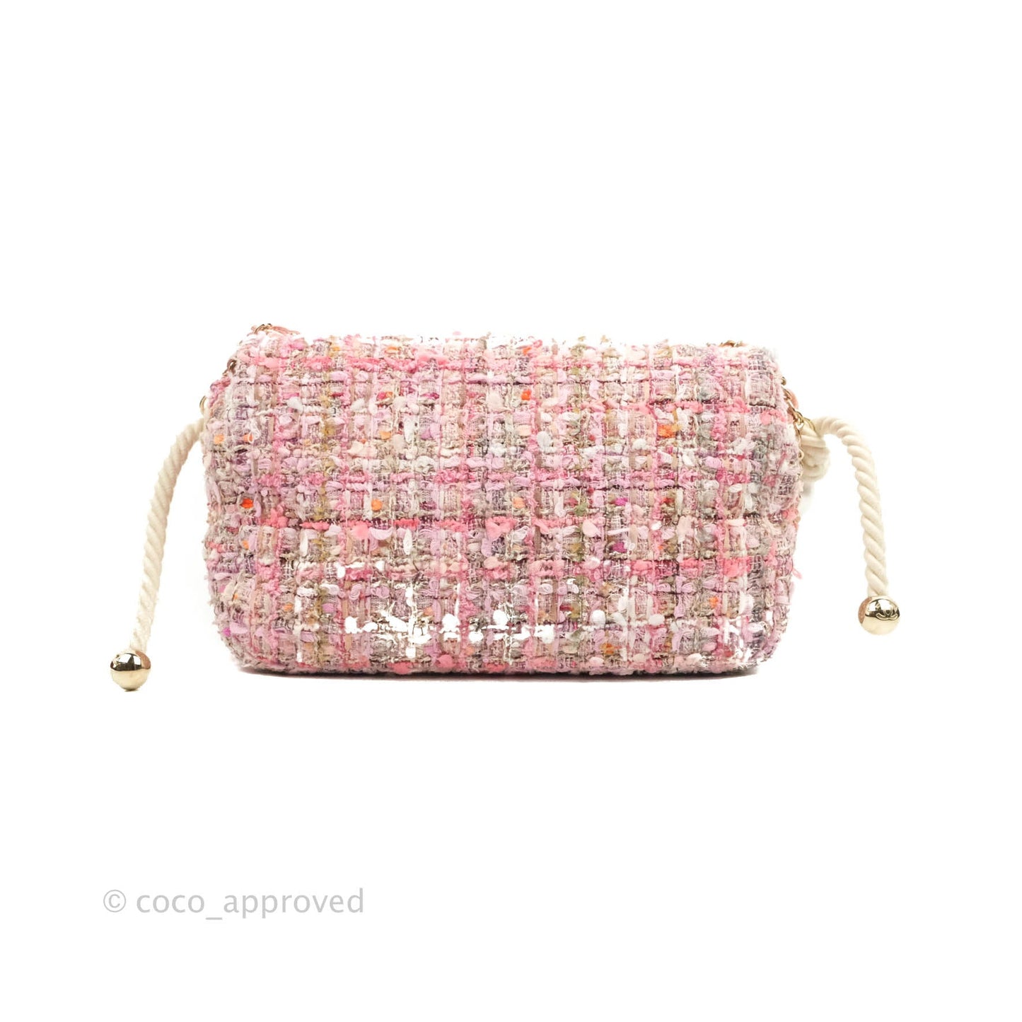 Chanel Medium Pink Tweed Flap Bag With Large Pearl Handle Gold Hardware