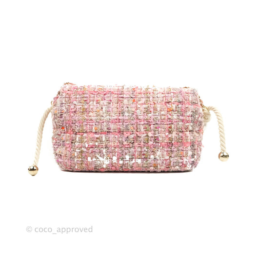 Chanel Medium Pink Tweed Flap Bag With Large Pearl Handle Gold Hardware