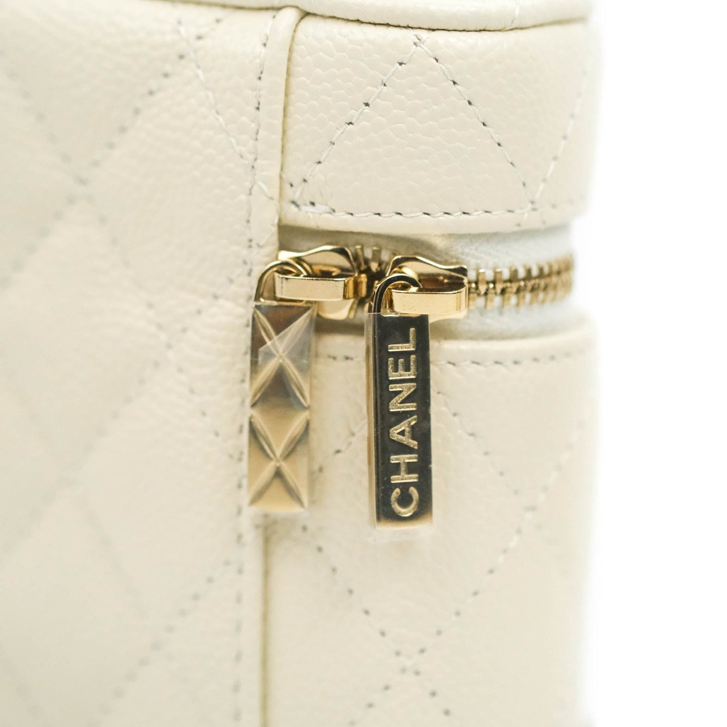 Chanel Quilted Small Handle With Care Vanity Case With Chain White Caviar Gold Hardware
