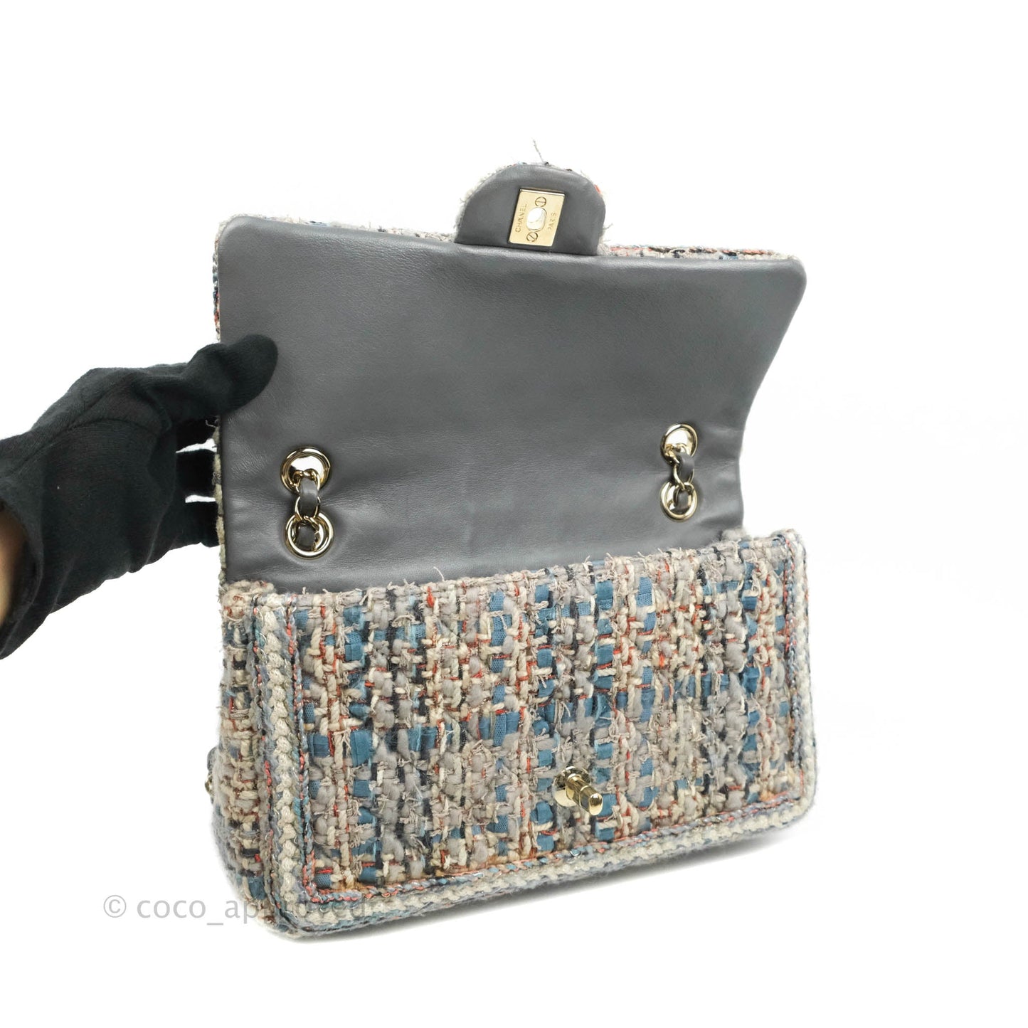 Chanel M/L Medium Single Flap Grey Tweed Braided Gold Hardware