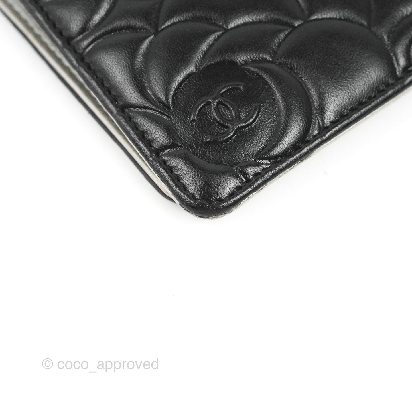 Chanel Yen Camellia Embossed Wallet Black Lambskin Silver Hardware
