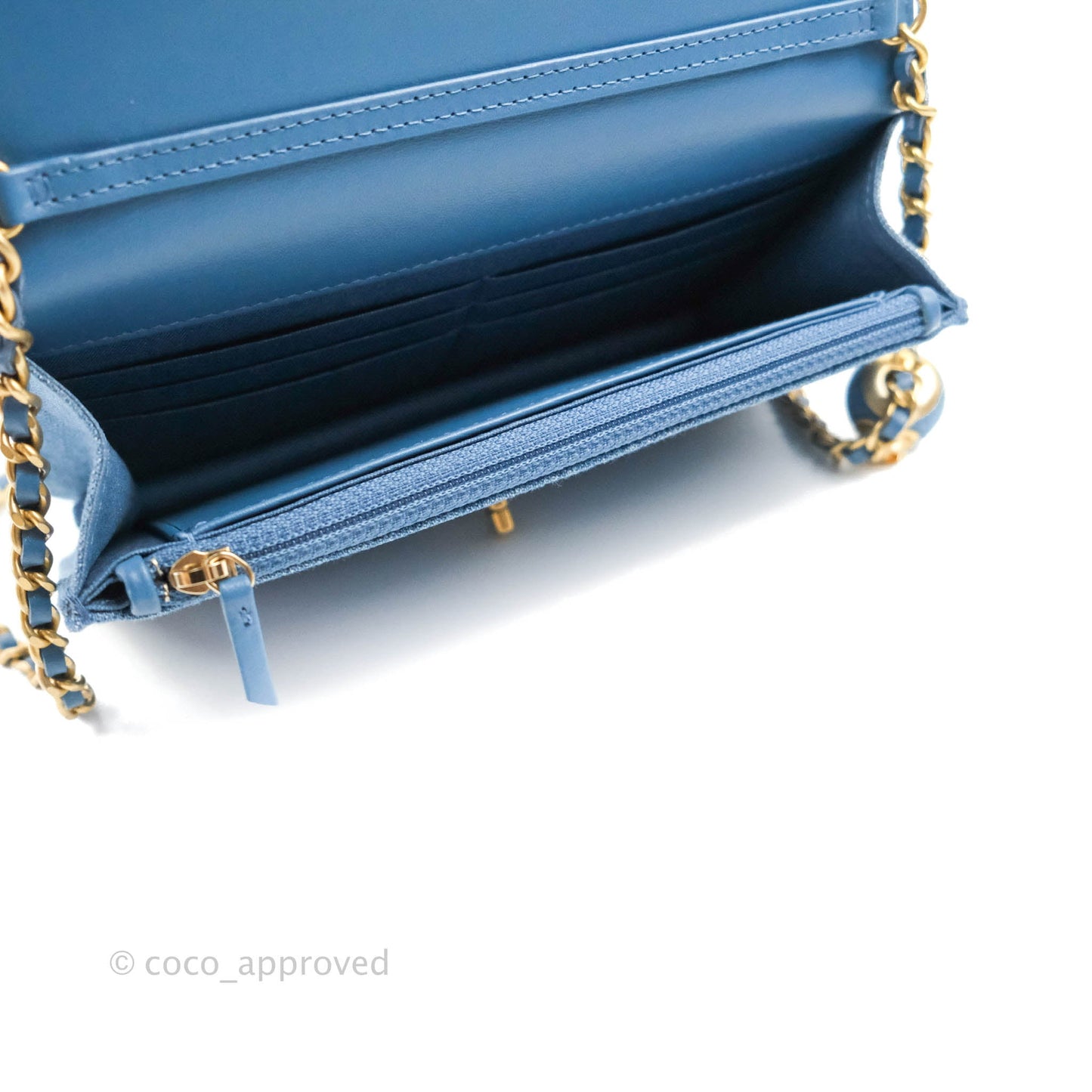 Chanel Quilted Pearl Crush Wallet on Chain WOC Denim Aged Gold Hardware