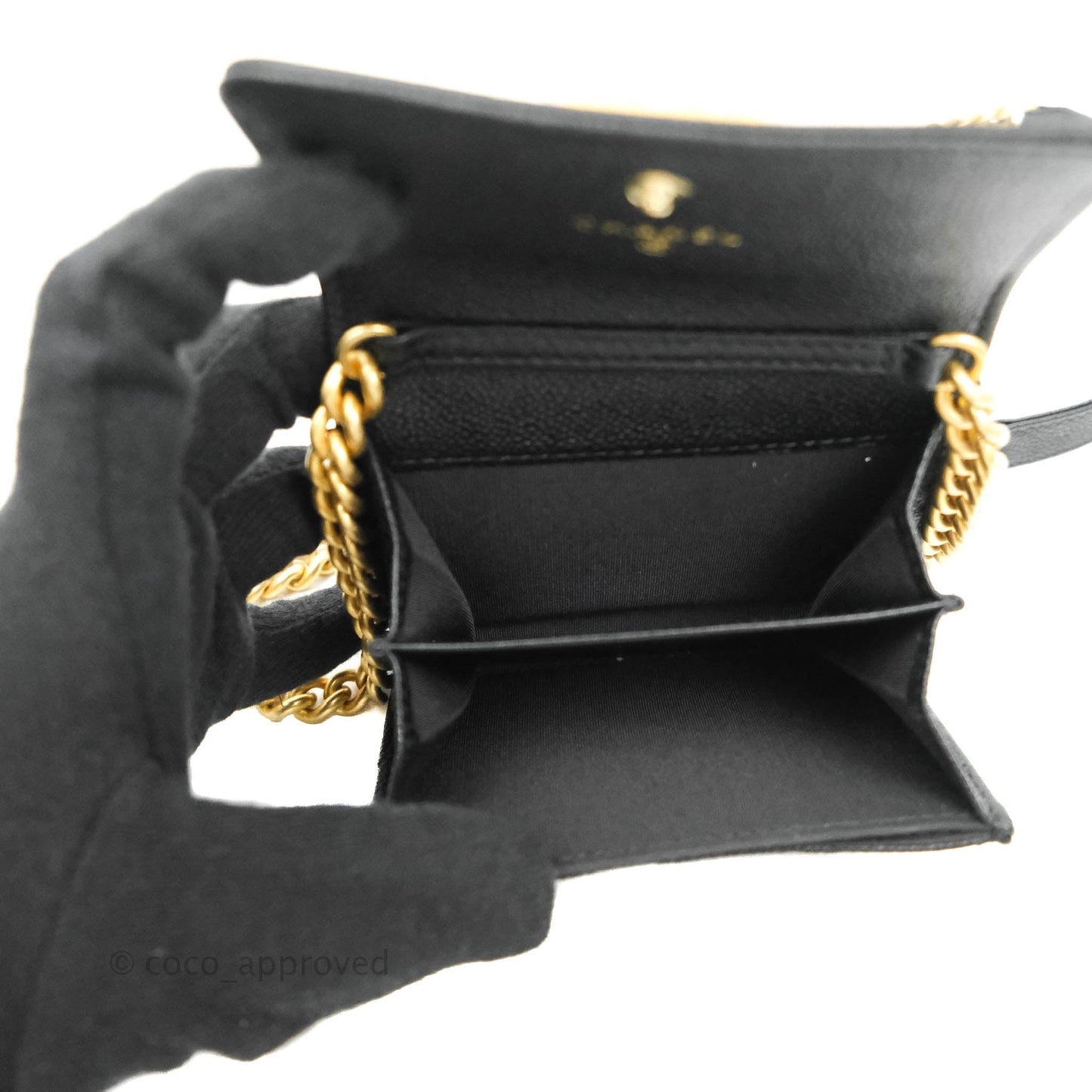 Chanel Boy Card Holder With Chain Black Caviar Gold Hardware