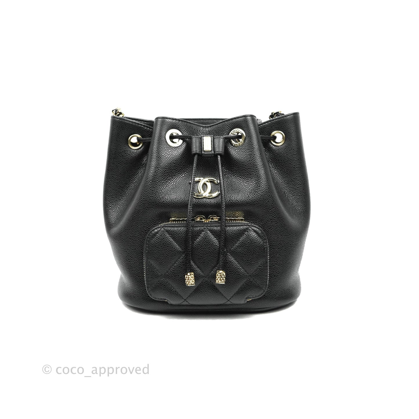 Chanel Business Affinity Drawstring Bucket Bag Black Caviar Gold Hardware 21P