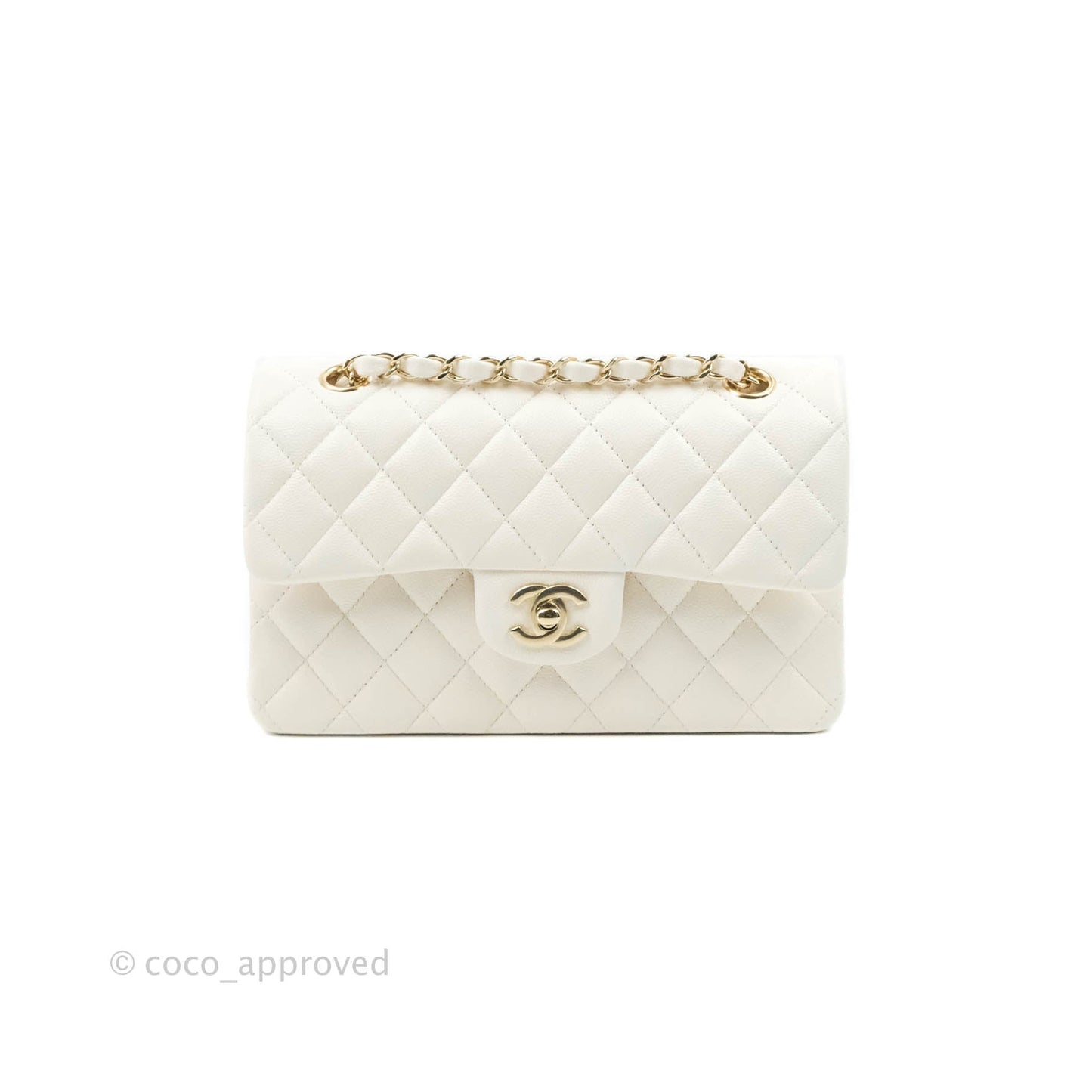 Chanel Small S/M Classic Quilted Flap White Caviar Gold Hardware 21S