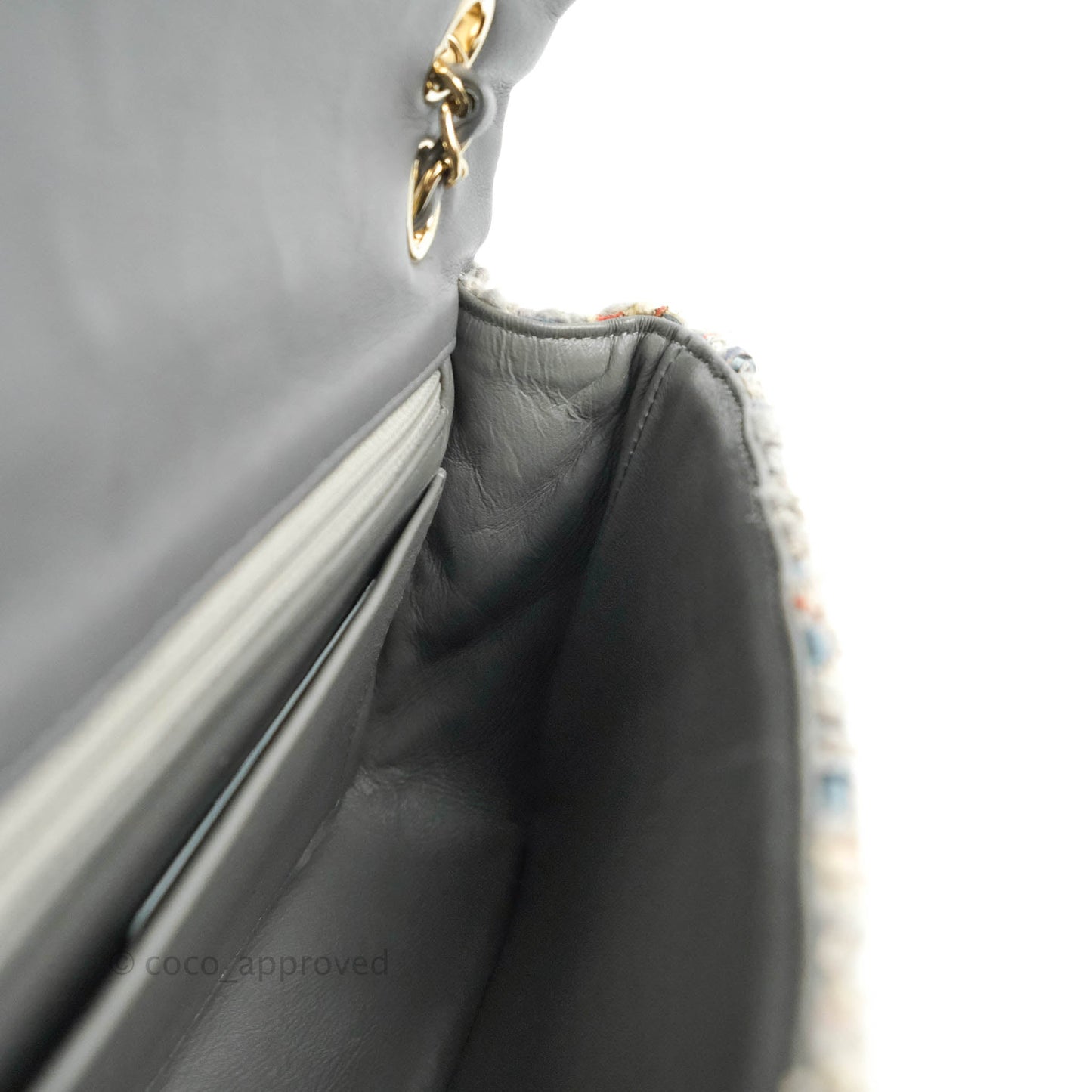 Chanel M/L Medium Single Flap Grey Tweed Braided Gold Hardware